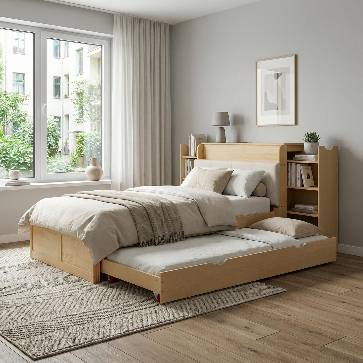 BETT 90/200 cm in Naturholzfarben & Beige mit Ausziehbett, Ablage, USB - Naturfarben, Holz/Holzwerkstoff (90/200cm) - WISHDOR