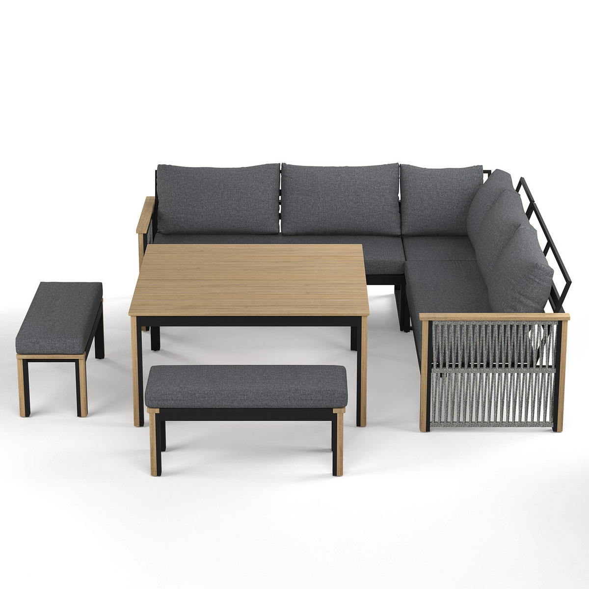 LOUNGEGRUPPE - Akazie massiv / Polyester - Braun / Anthrazit - Anthrazit, Holz/Textil - home24