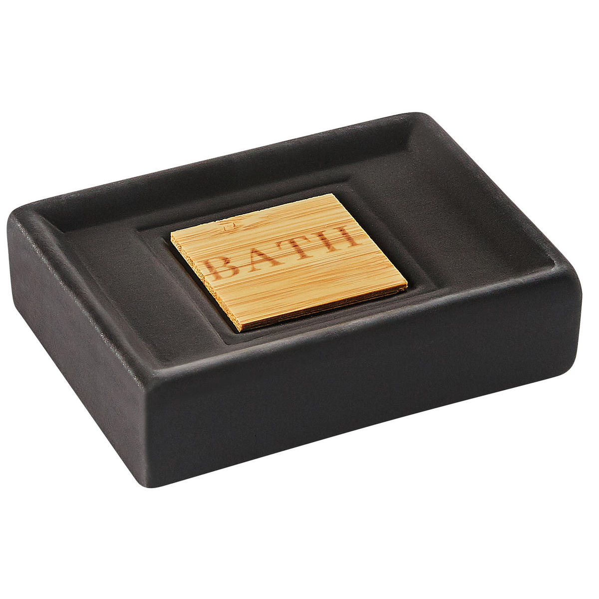 BADEZIMMER Set 4-teilig Keramik schwarz/heller Holzfarbton Kourou - Hellbraun/Schwarz, Stein (9/16/6cm) - Beliani