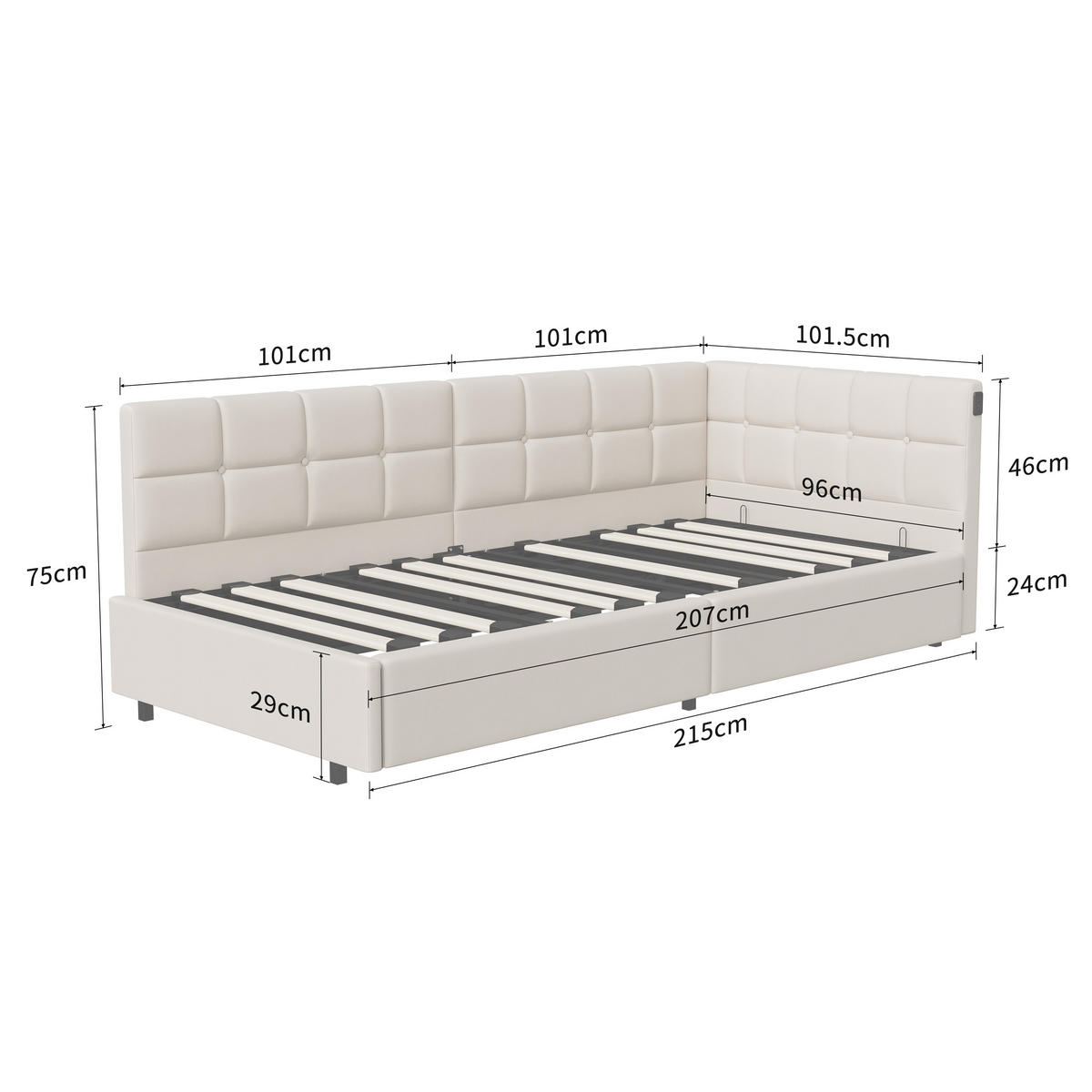 POLSTERBETT 90x200 cm Beige mit hydraulischem Stauraum, LED Beleuchtung, Eckbett mit Rückenlehne - Beige, Metall (90/200cm) - EuroLiving