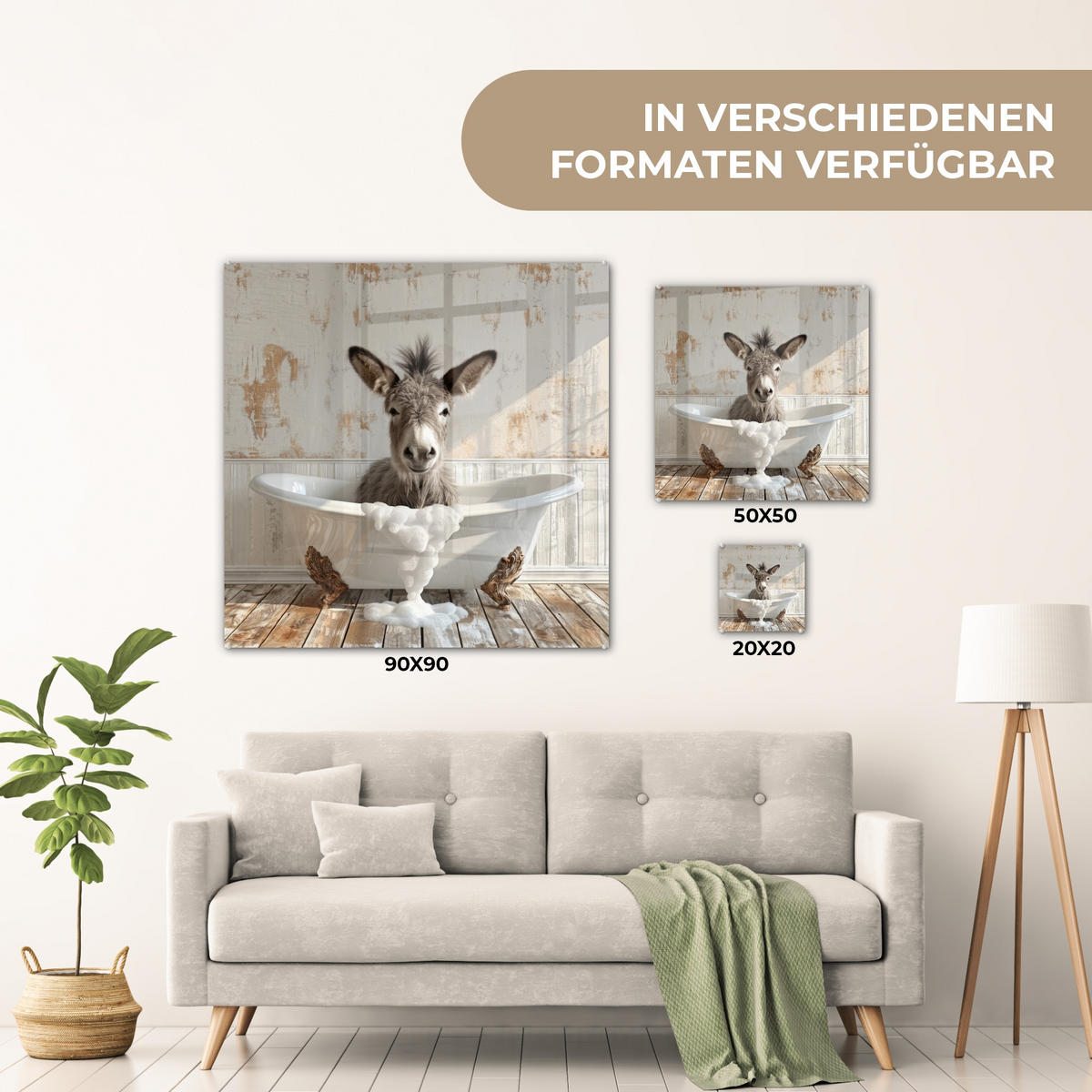 ACRYLGLASBILD Esel - Tiere - Badewanne - Schaumstoff 50x50 cm - Weiß, Glas (50/50cm) - MuchoWow