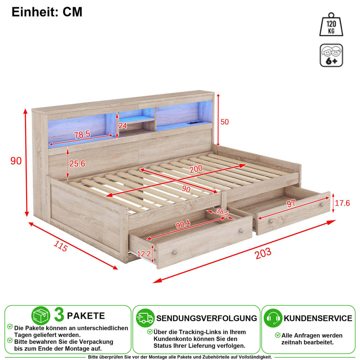 SCHLAFSOFA 90/200 cm in Natur mit 2 Schubladen, LED und USB - Naturfarben, Holz/Holzwerkstoff (90/200cm) - CHICFURN
