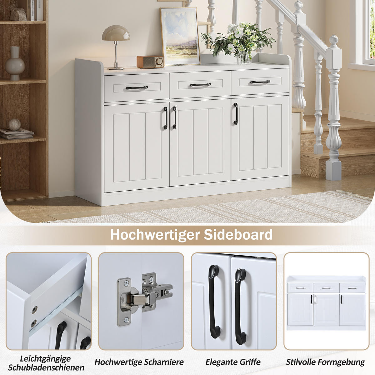 SIDEBOARD Weiß 3 Türen 3 Schubladen 120x35x80cm Stauraum - Weiß, Holzwerkstoff (35/80/120cm) - FLIEKS