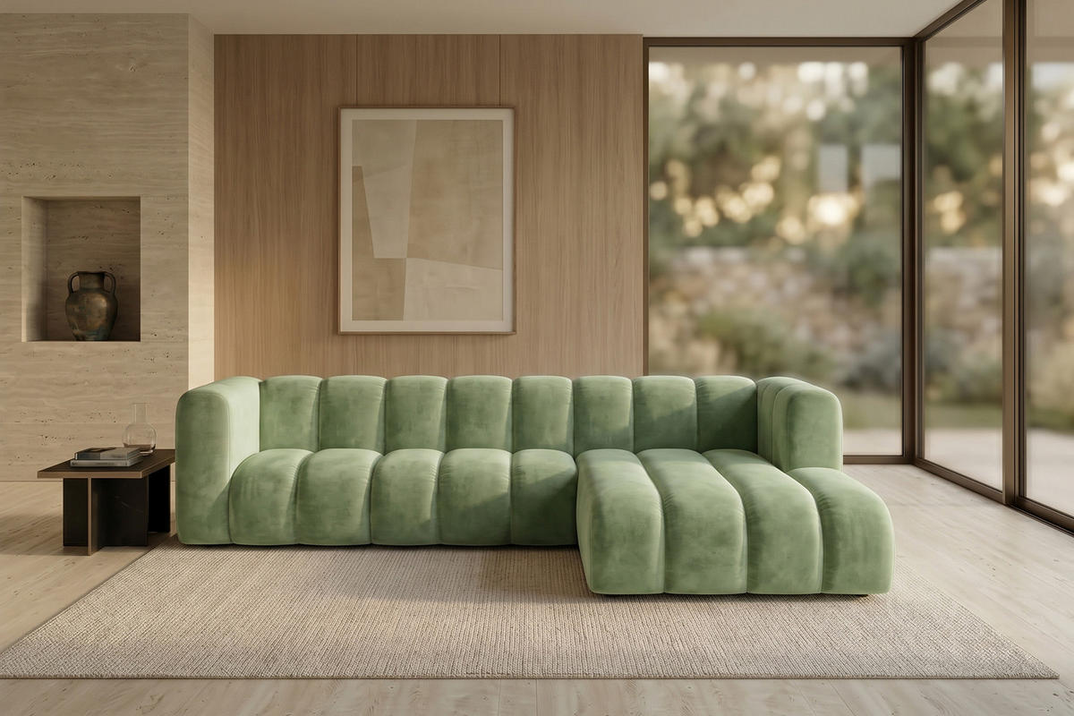 ECKSOFA Modulares In L-Form, Velvet-Stoff Riviera, Olive, Rechts, GRAND 287 cm - Olivgrün, Holz (287/179cm) - Kaiser Möbel