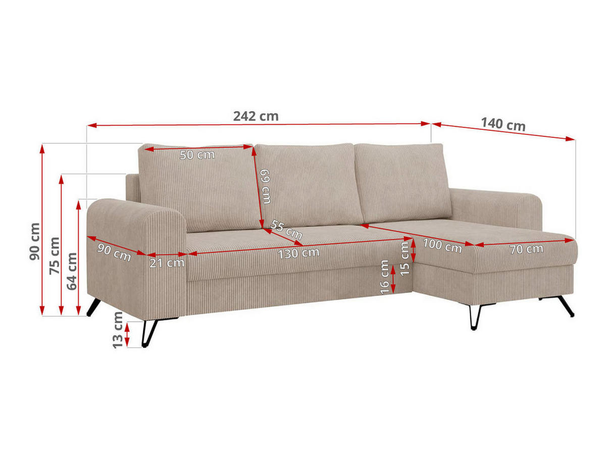 ECKSOFA Hugo Cord Beige - Beige/Schwarz, Textil/Metall (242/140cm) - MKS