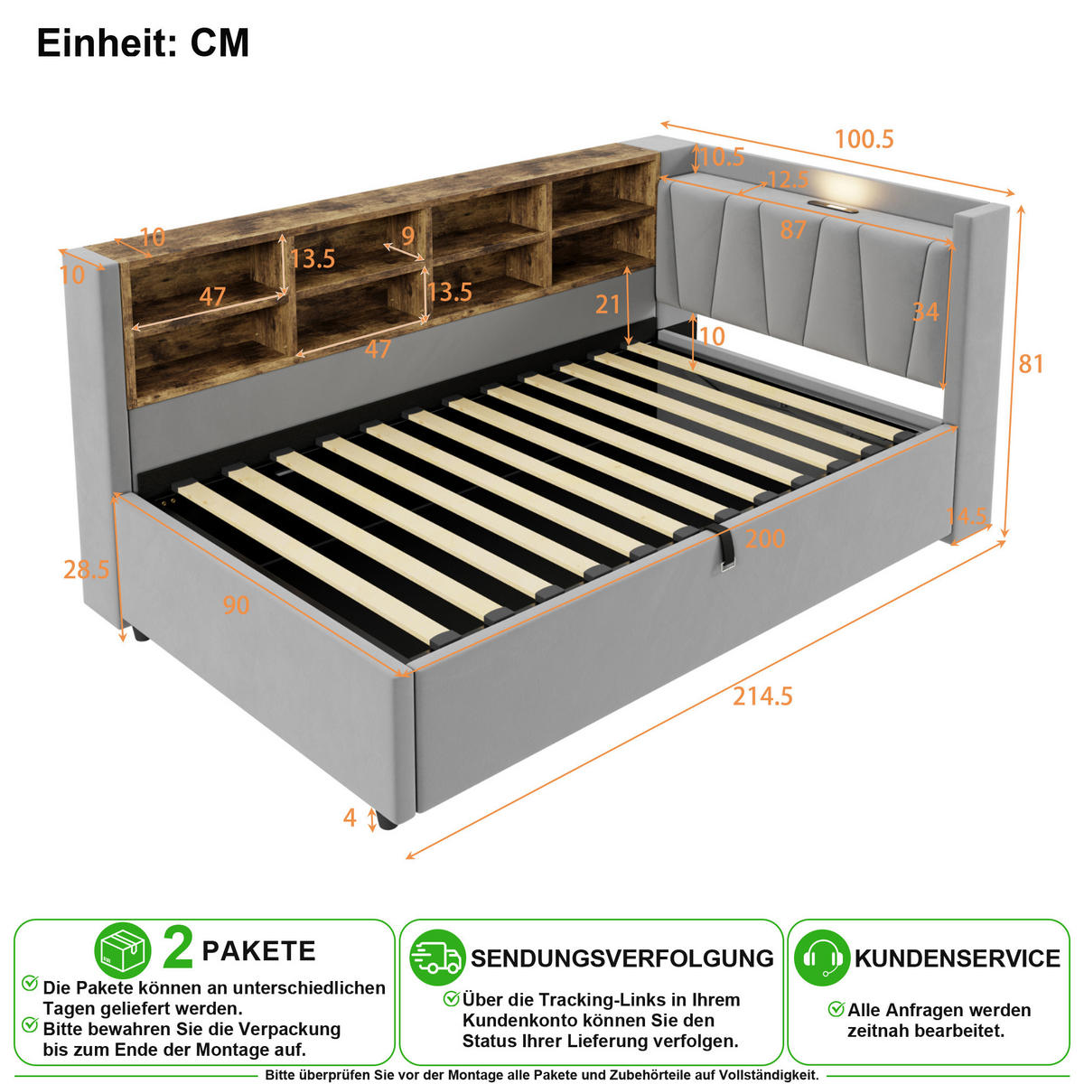 POLSTERBETT 90/200 cm in Hellgrau Samt mit Bettkasten, USB und Ablagen - Hellgrau, Holzwerkstoff/Textil (90/200cm) - CHICFURN