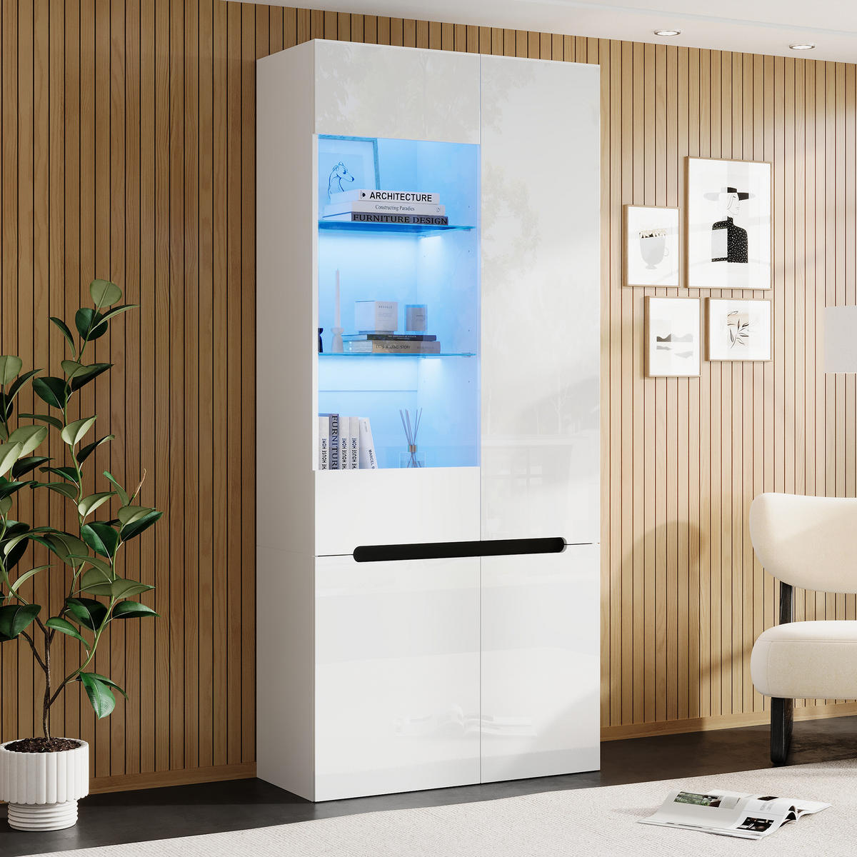 VITRINE 80x35x180 cm Weiß mit LED und 4 Glastüren - Weiß, Holzwerkstoff (80/180/35cm) - FLIEKS