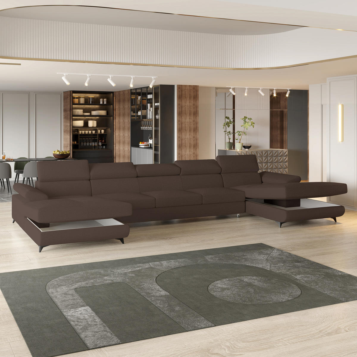 WOHNLANDSCHAFT VIVENTE Braun Boucle-Stoff mit Schlaffunktion - Braun, Holz (410/89/190cm) - MASSENO