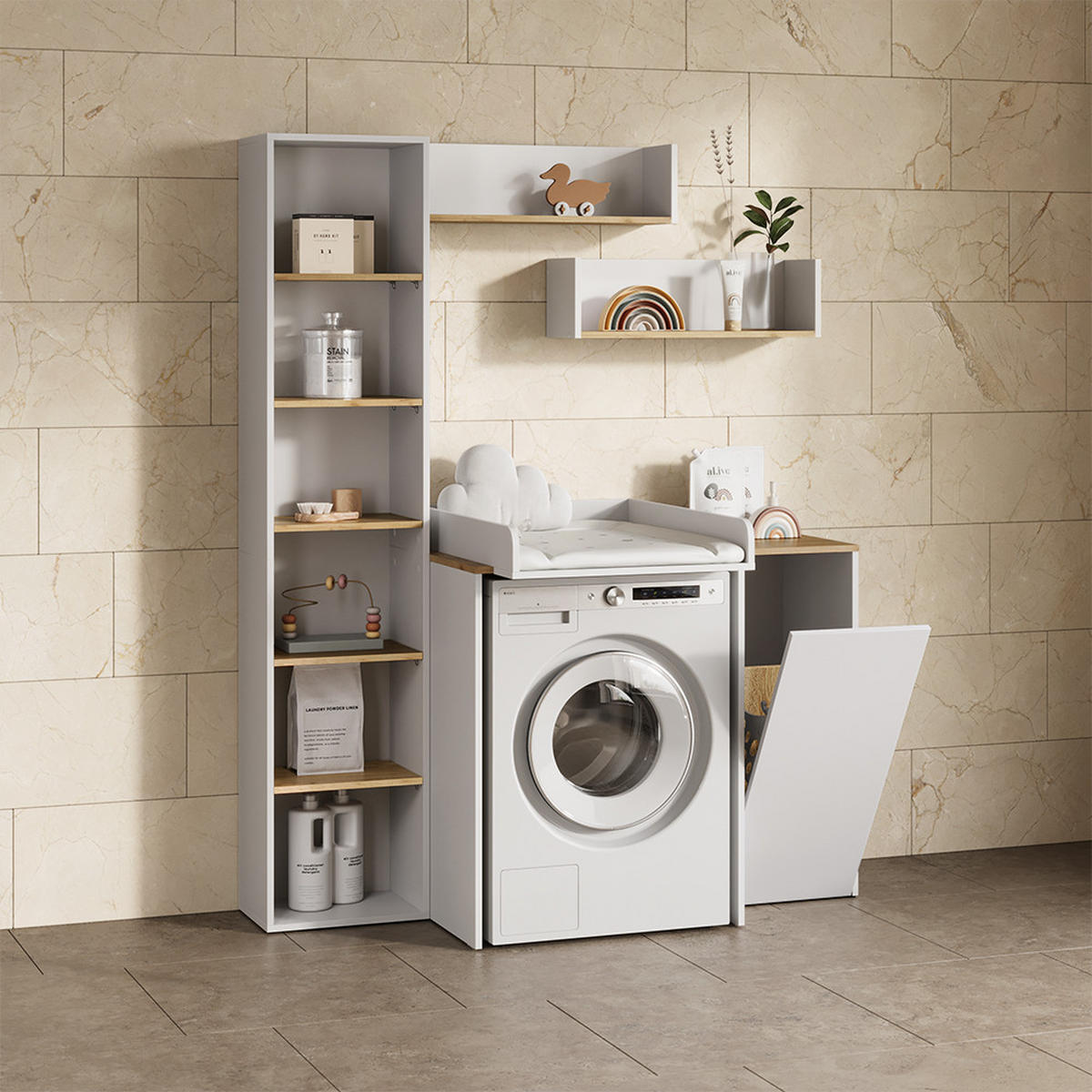 WASCHMASCHINENSCHRANK Paolina Weiß/Artisan 68 x 88.2 cm 2 Teile mit Wickelauflage - Weiß/Eiche Artisan, Holzwerkstoff (68/88.2/60cm) - Livinity®