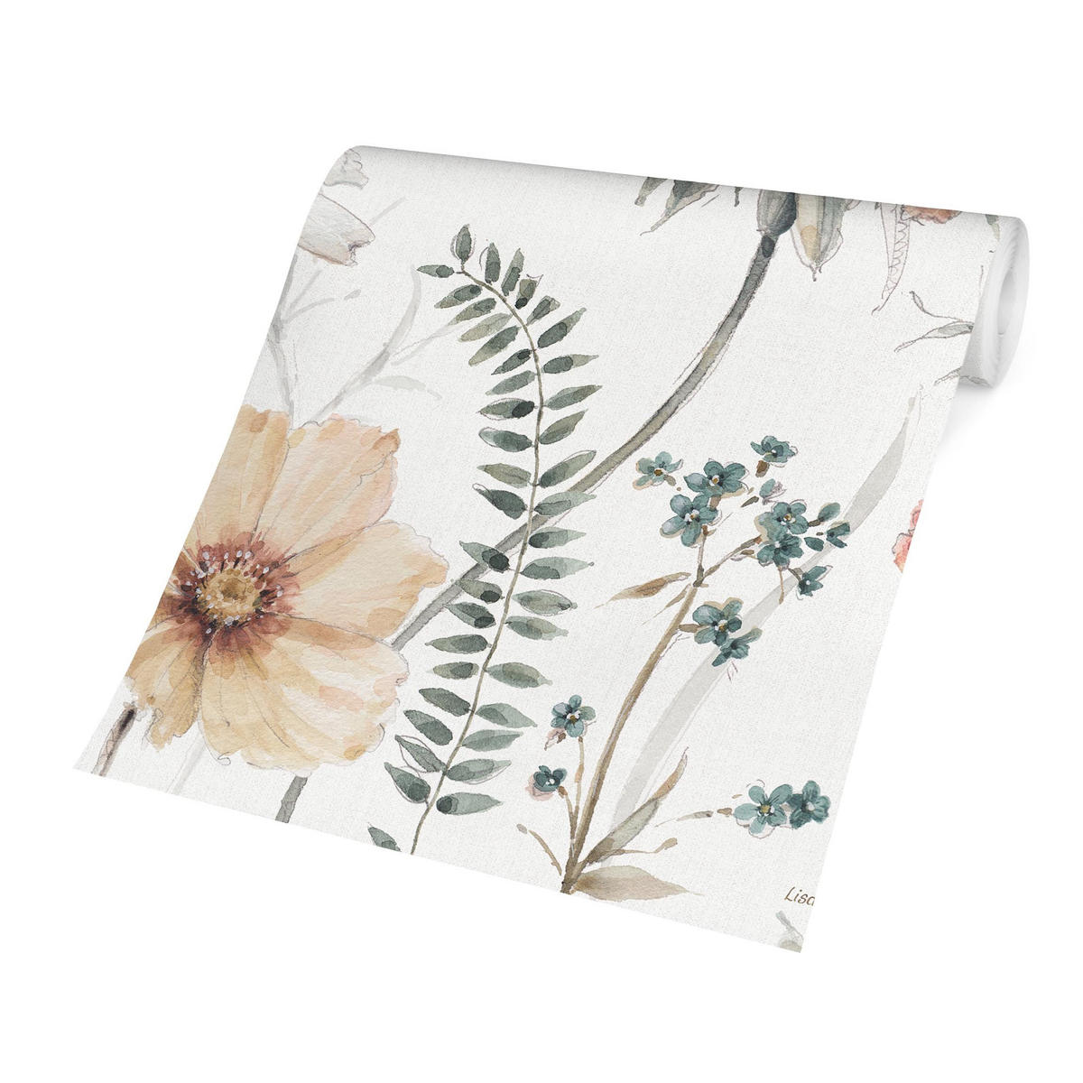 FOTOTAPETE Aquarell Blumenwiese mit Schmetterlingen 192/192 cm - Rosa, Papier (192/192cm) - Bilderwelten