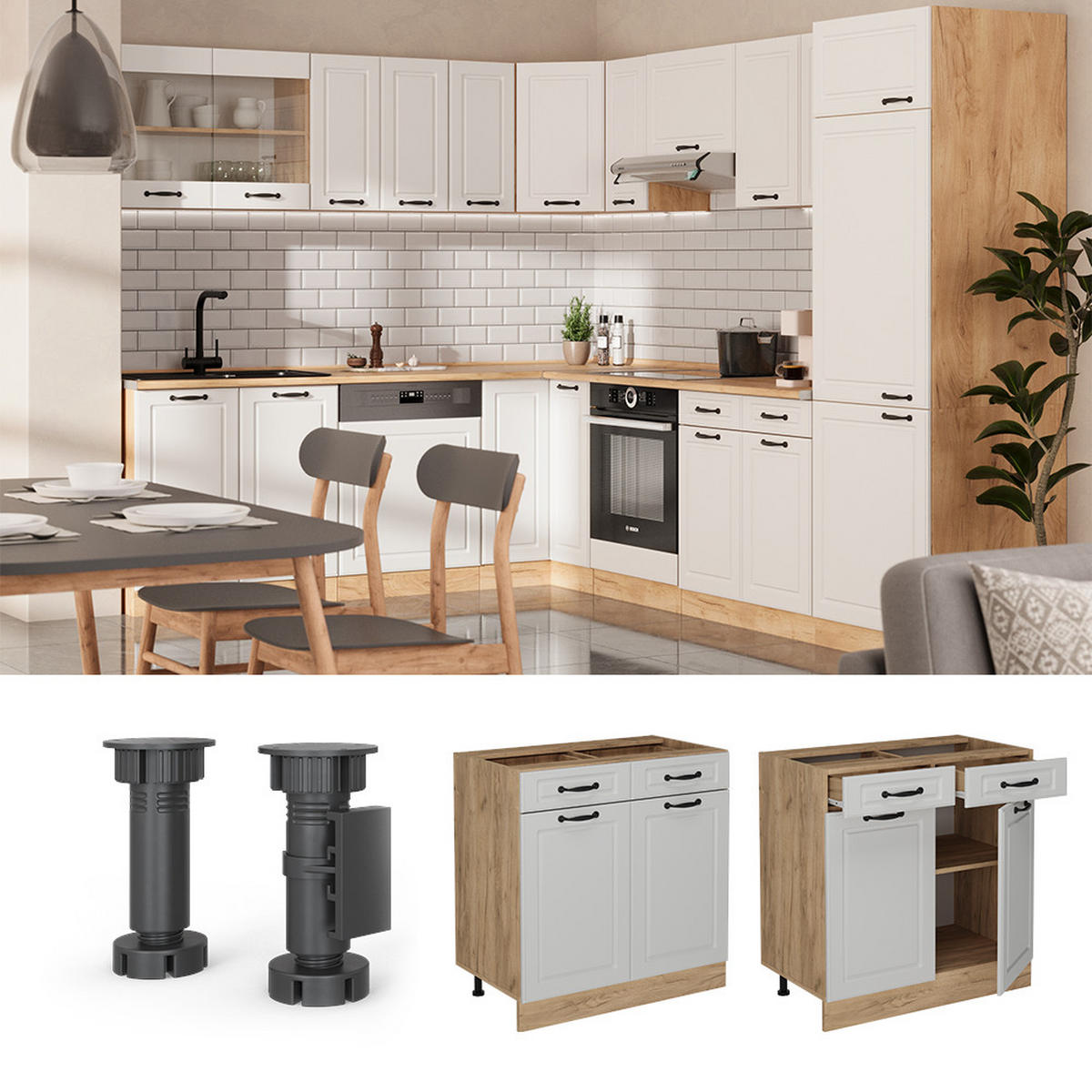 KÜCHENUNTERSCHRANK R-Line Weiß Landhaus 80 cm , AP Eiche - Honigeiche/Eiche Wotan, Holzwerkstoff (80/81.6/60cm) - Vicco