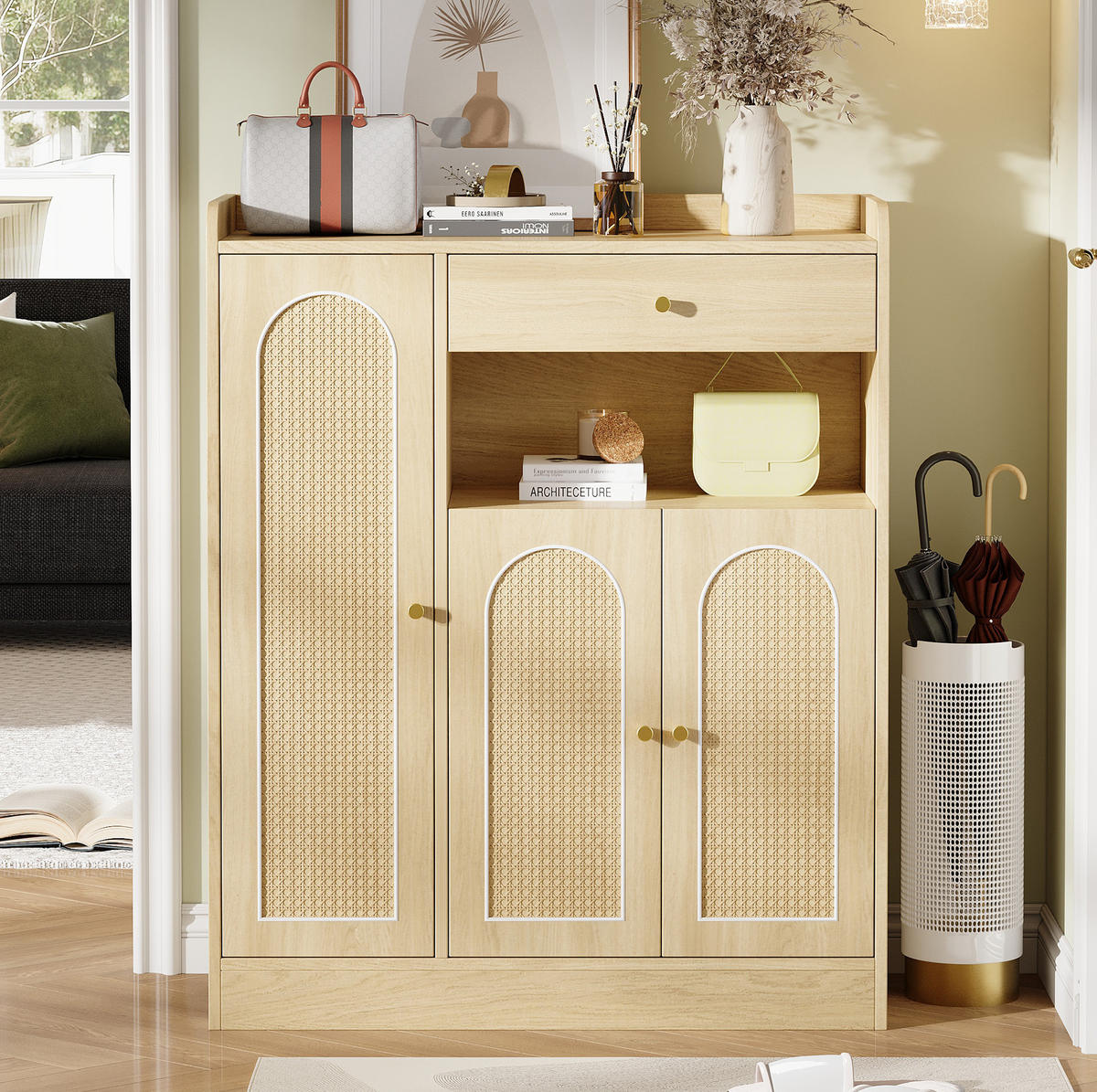 SCHUHSCHRANK mit 3 Türen und Schublade 90 x 35 x 110 cm Naturfarbe - Naturfarben, Holz (35/110/90cm) - Beauniv