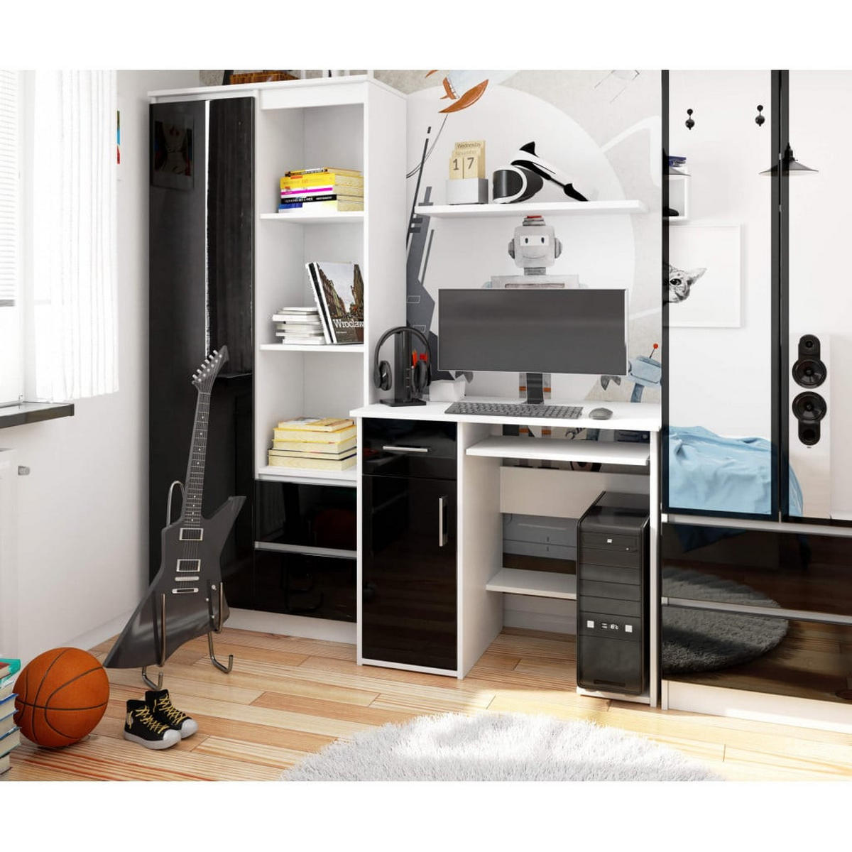 SCHREIBTISCH Weiß, Schwarz Glanz 74/90/50 - Schwarz Hochglanz/Weiß, Holzwerkstoff (50/90/74cm) - RAUMHIRSCH FURNITURE