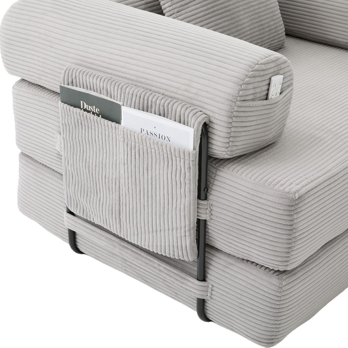 SOFA 200/190/67 cm in Hellgrau aus Cord mit Hocker und Kissen - Hellgrau, Textil (190/67/200cm) - Flora Grace