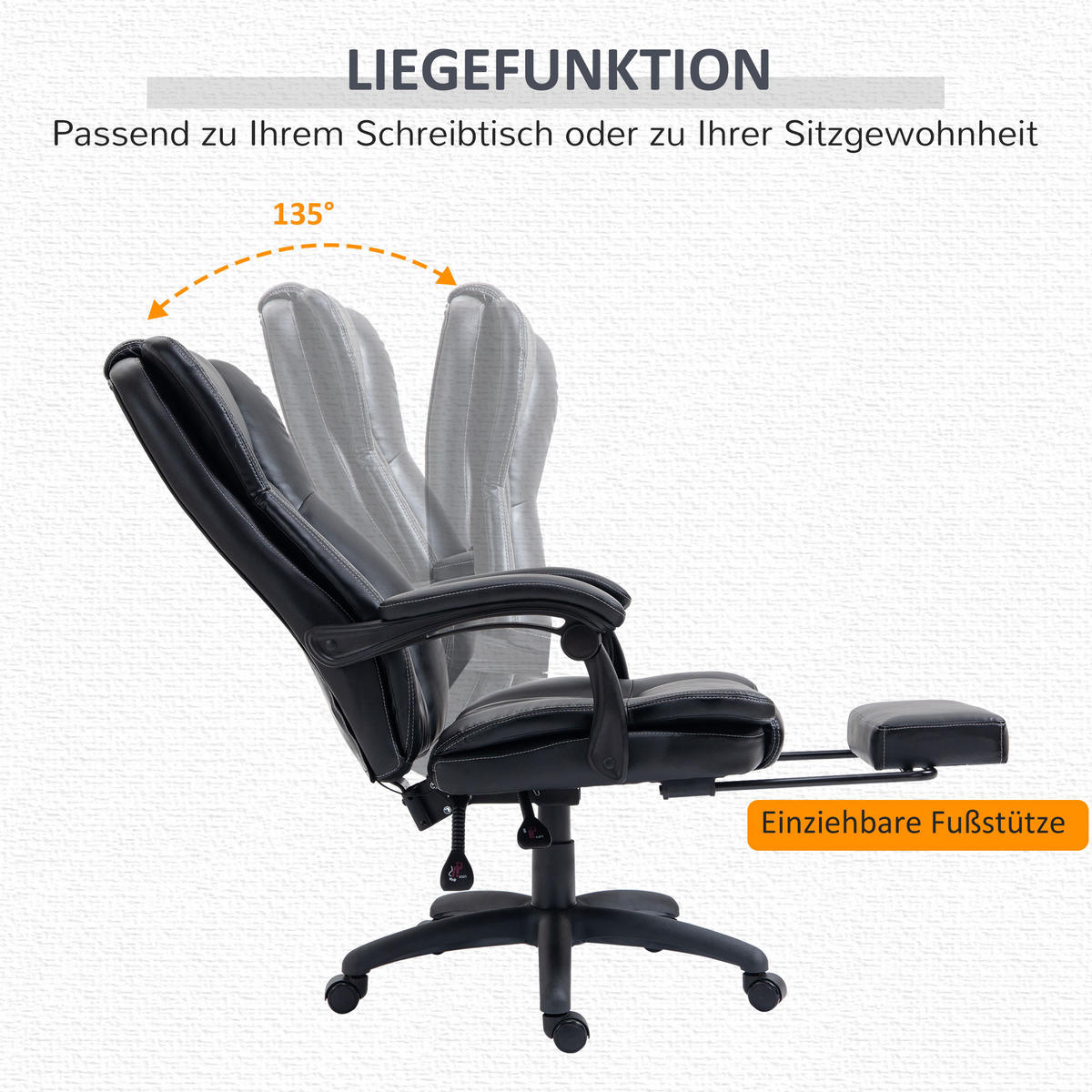 VERSTELLBARER Drehstuhl mit Fußstütze, Kopfstütze, Massagefunktion, Schwarz - Schwarz, Kunststoff (68.5/121/68.5cm) - Vinsetto