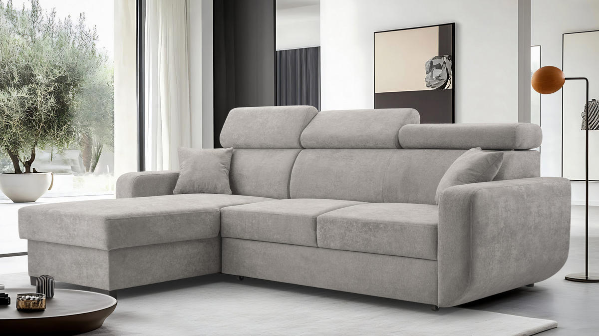 ECKSOFA CASTELLO Grau Plüsch-Stoff mit Schlaffunktion - Grau, Holz (236/165cm) - MASSENO