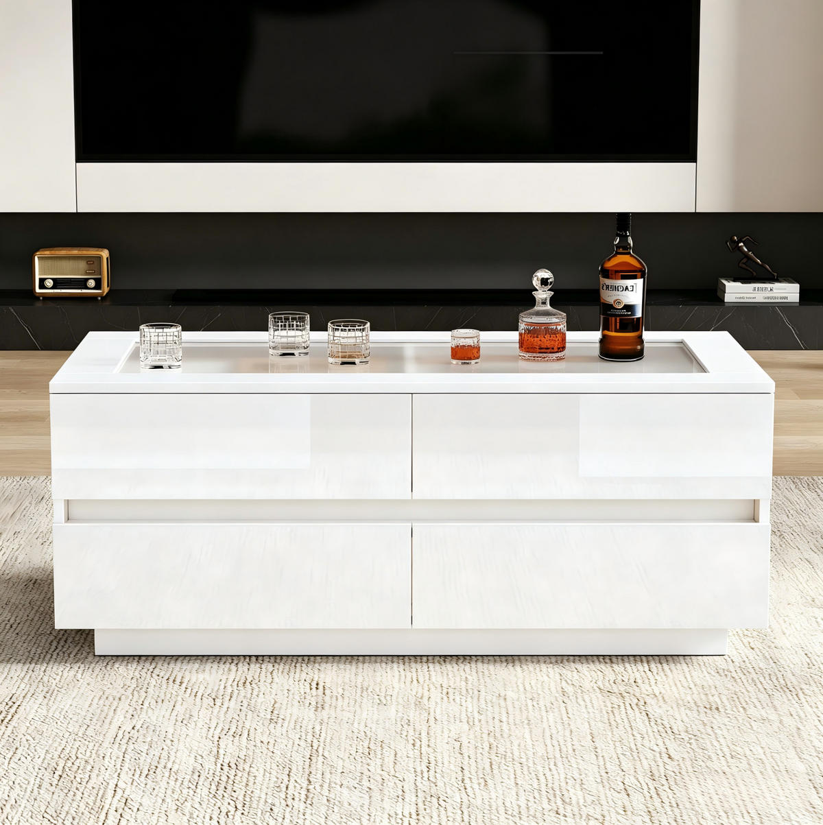 COUCHTISCH 100/50/40 cm weiß aus Spanplatte mit Glasplatte, 4 Schubladen und LED - Weiß, Holzwerkstoff (50/100/40cm) - OKWISH