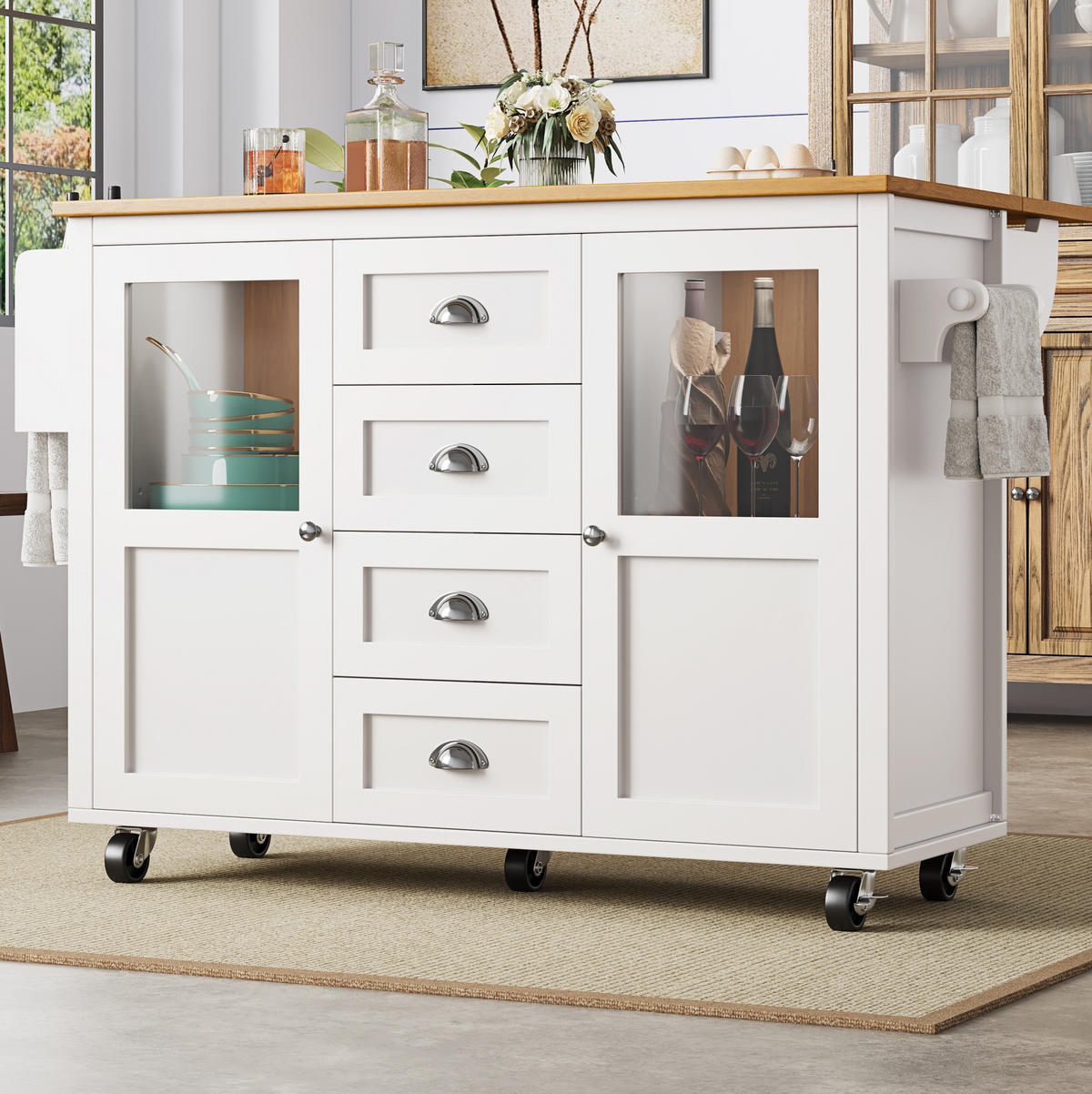KÜCHENINSEL 137,9/73/92,5 cm weiß aus MDF und Metall mit Klapptisch - Weiß, Holzwerkstoff (137.9/92.5/73cm) - OKWISH