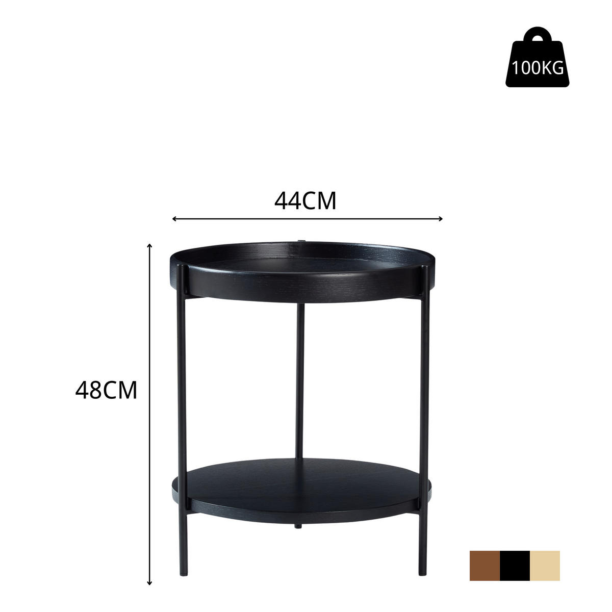 COUCHTISCH-SET 44/44/48 cm schwarz aus Massivholz und MDF mit 2 Ebenen - Schwarz, Holzwerkstoff (44/44/48cm) - OKWISH