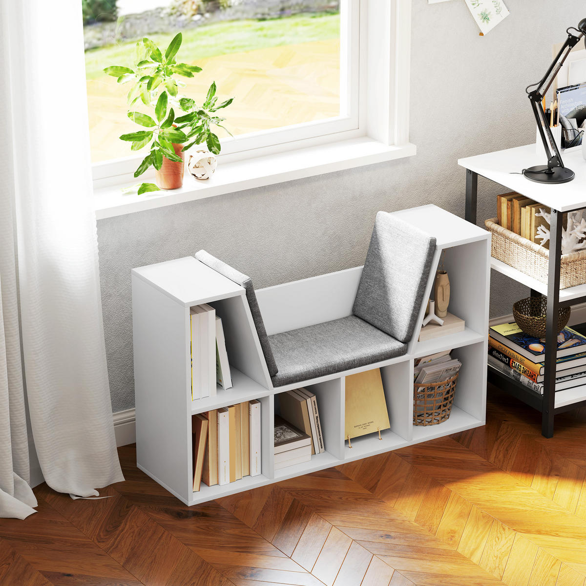 BÜCHERREGAL mit Sitzkissen, Aufbewahrungsregal mit 6 Fächern, Leinenoptik, Weiß - Weiß/Grau, Holzwerkstoff/Textil (30/63/105cm) - HOMCOM