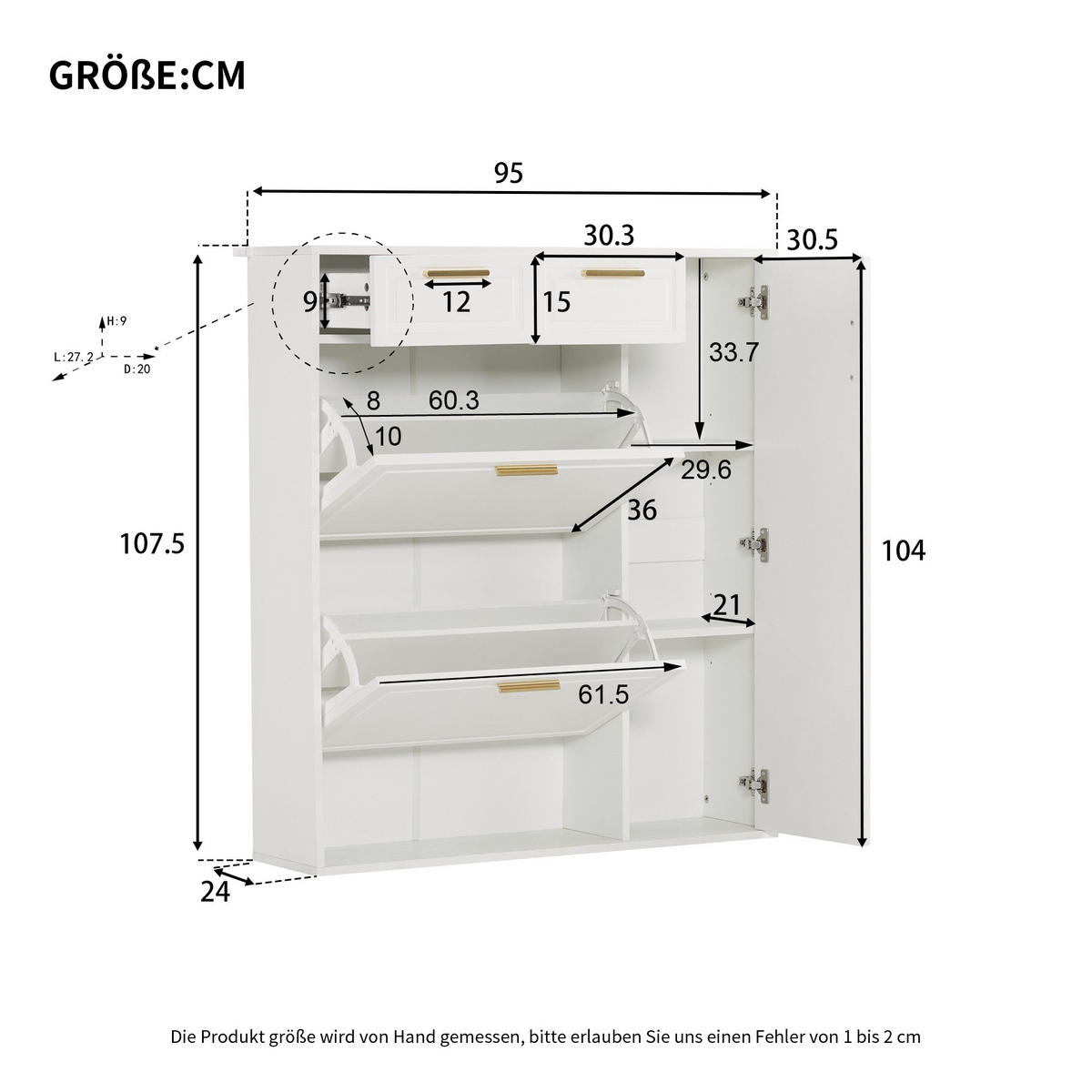 SCHUHSCHRANK mit verstellbaren Regalen und Schubladen, Weiß - Weiß, Holzwerkstoff (24/107/95cm) - Urban Meuble