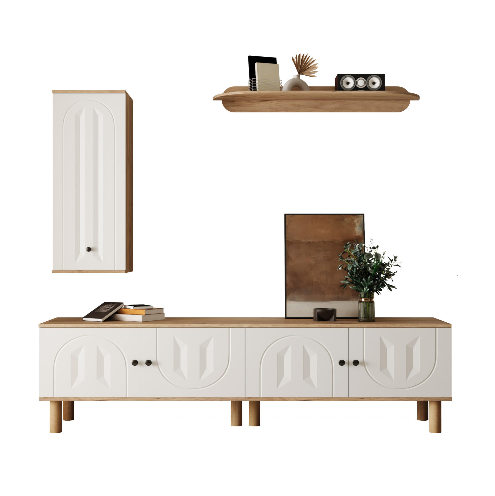 WOHNWAND 3-tlg. mit TV-Lowboard, Highboard und Wandboard Weiß/Naturholz - Weiß, Holzwerkstoff (40/50/170cm) - Beauniv