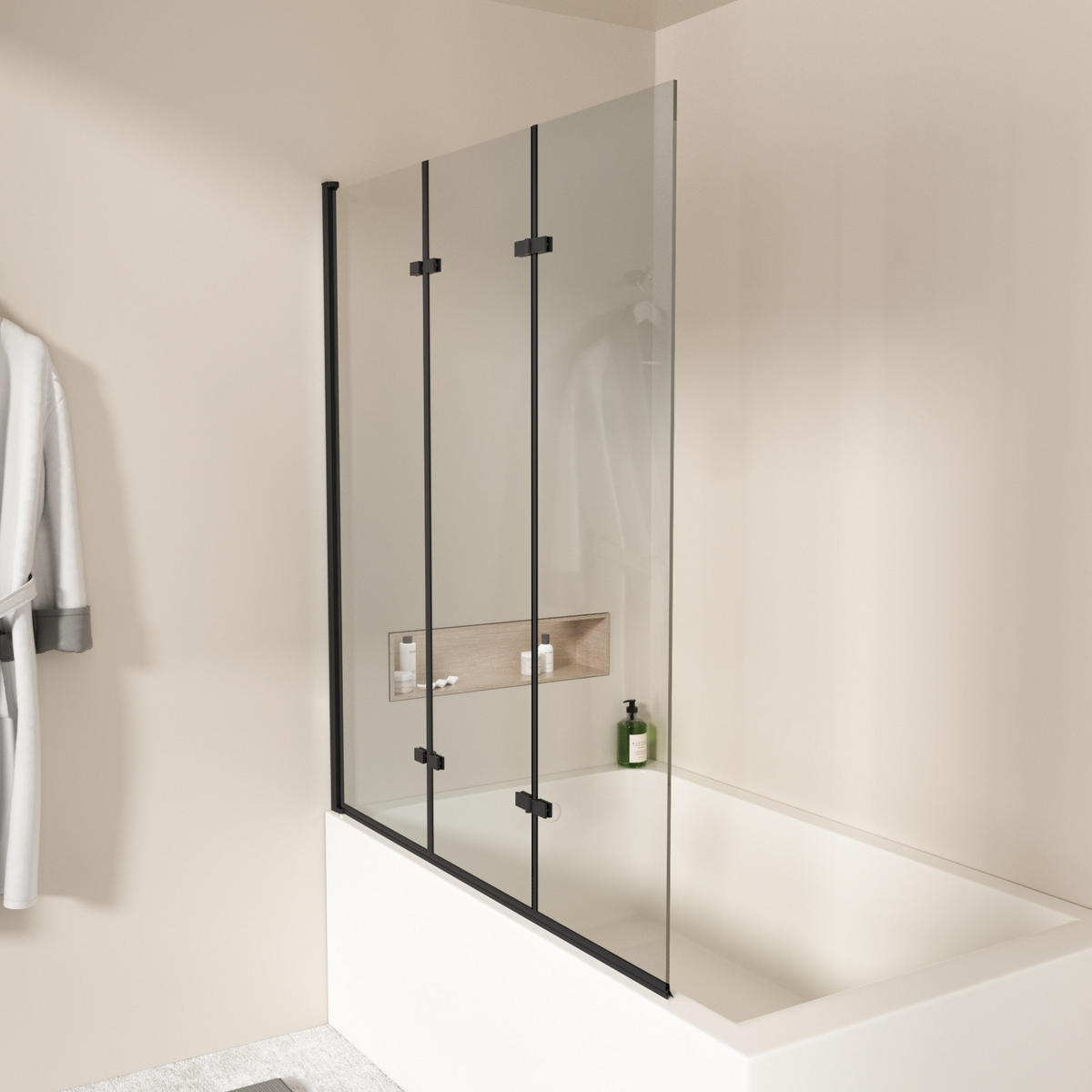 DUSCHWAND für Badewannen Faltbar mit Schwenkfunktion Schwarz 140/120 cm - Schwarz, Glas (120/140cm) - EMKE