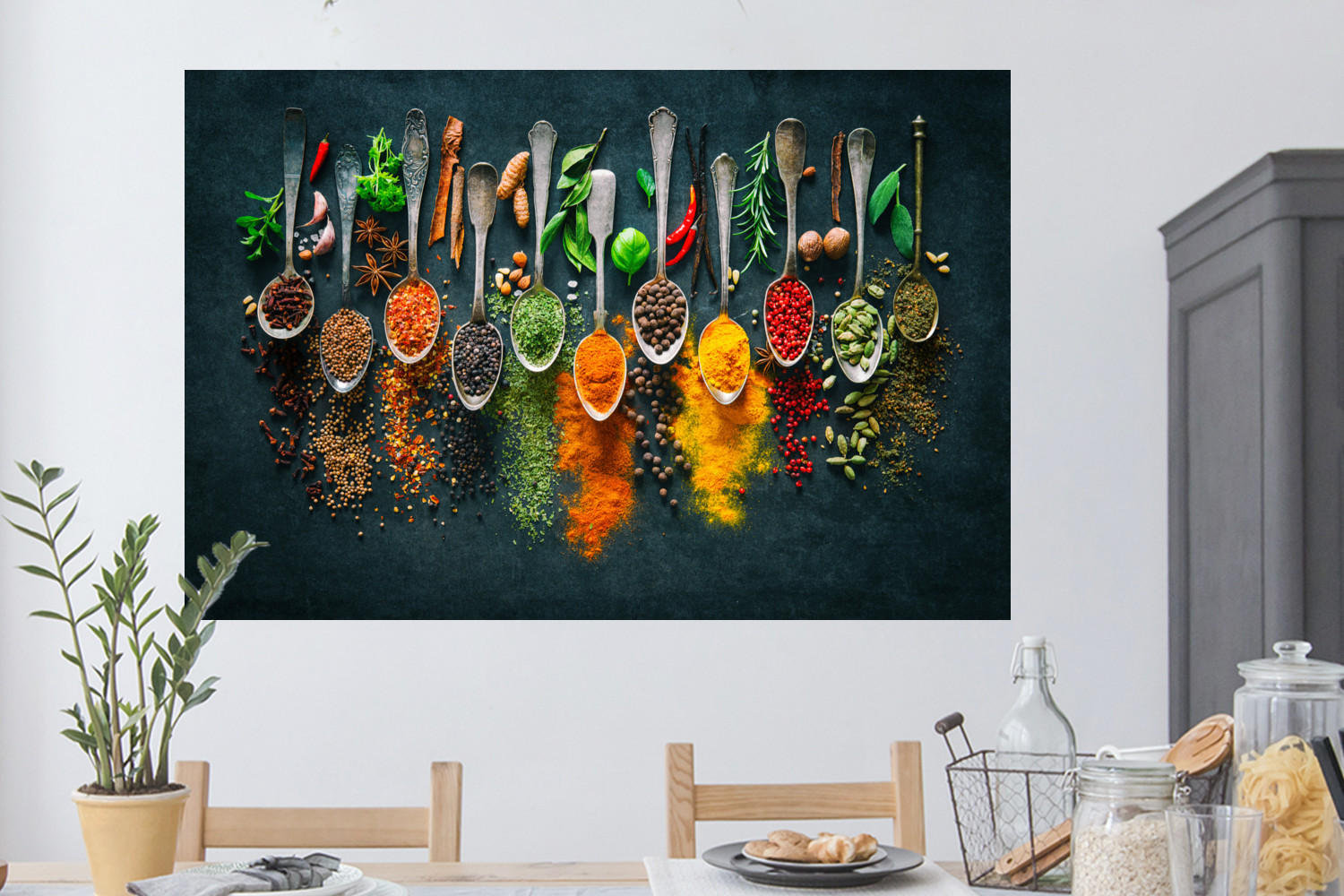WANDTATTOO Kräuter - Gewürze - Löffel 120x80 cm - Currygelb, Kunststoff (120/80/0.1cm) - MuchoWow