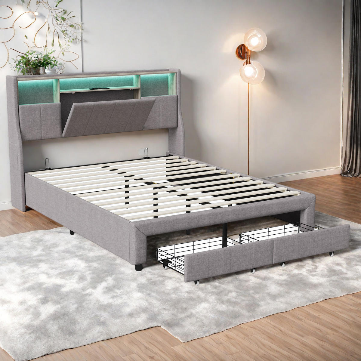 POLSTERBETT 160x200 cm, Kopfteil mit Stauraum, USB-Laden, LED, Grau - Grau, Holz (160/200cm)