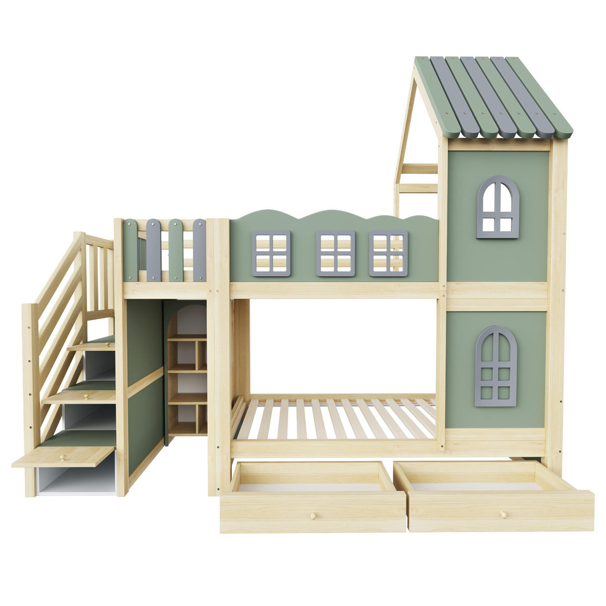 ETAGENBETT 90/200 cm in Grün mit Stauraumleiter, Schubladen und Regalen - Naturfarben/Grün, Holz/Holzwerkstoff (90/200cm) - CHICFURN