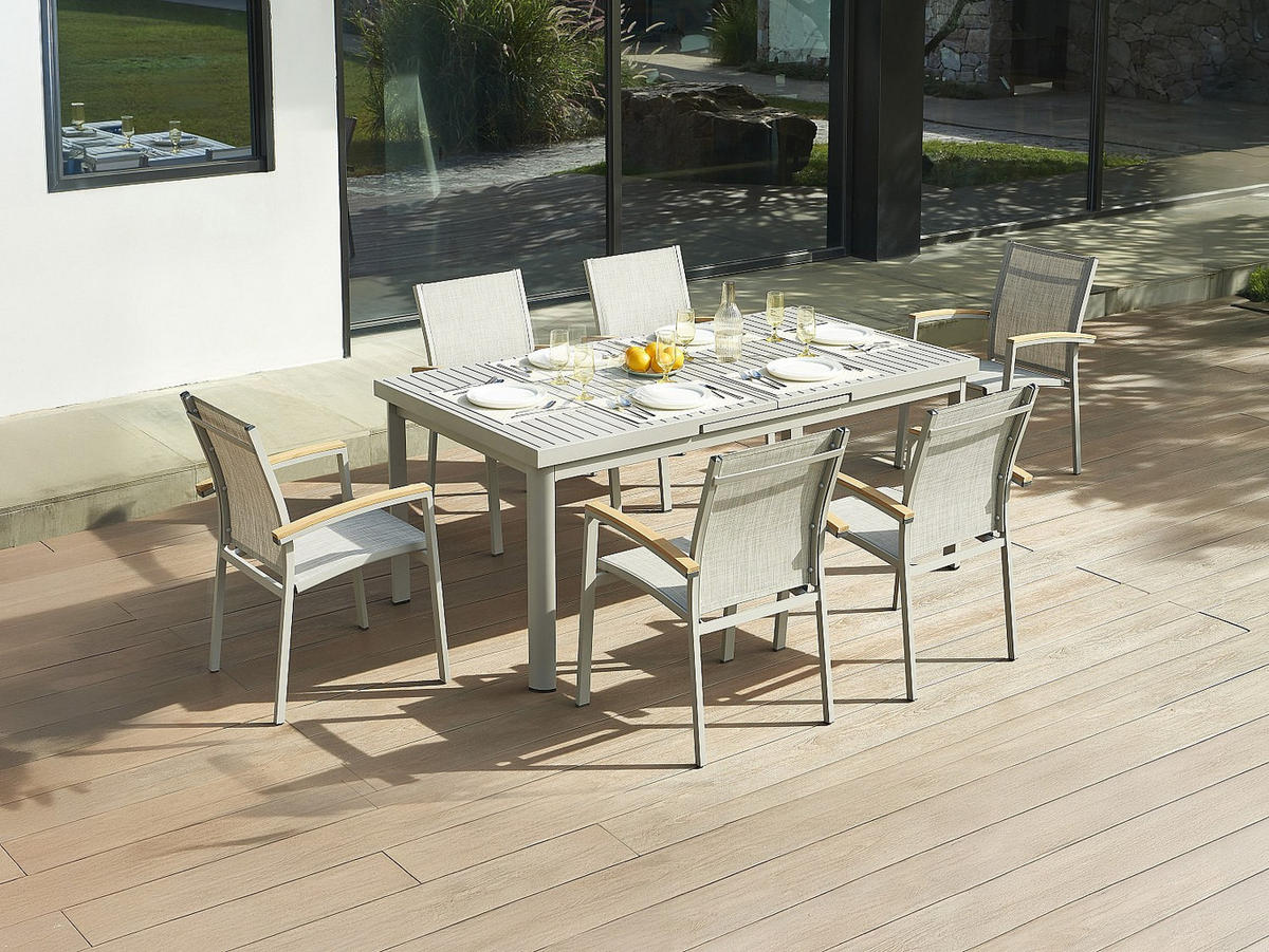 GARTENSESSEL 2er Set - stapelbar - Aluminium & Textilene - Taupe & Armlehnen Akazie - TAIPIVAI von MYLIA - Braun, Metall - Vente-Unique