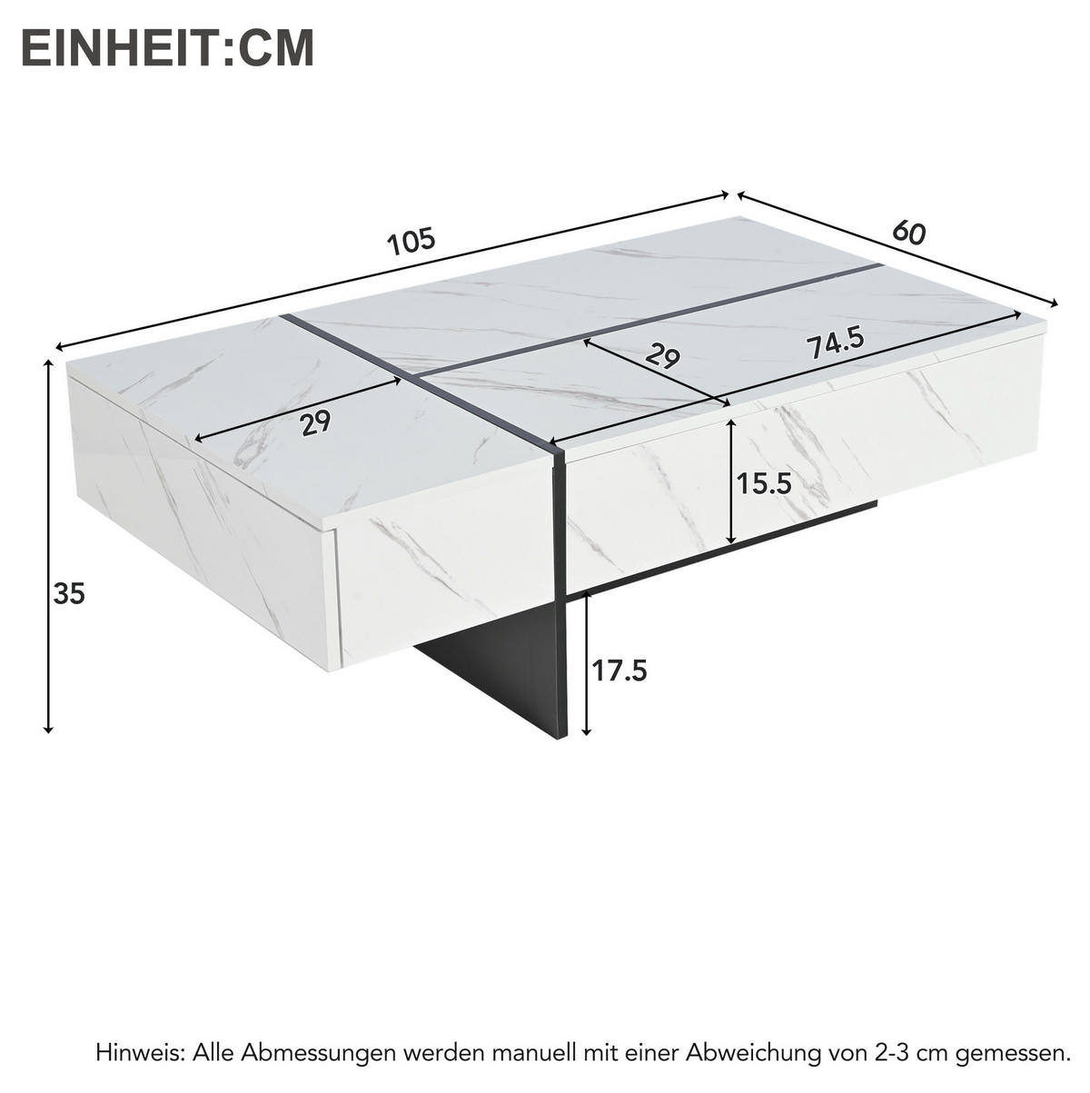 COUCHTISCH 105/60/35 cm in Weiß mit LED-Beleuchtung und 3 Schubladen - Weiß, Holzwerkstoff (105/60/35cm) - Flora Grace