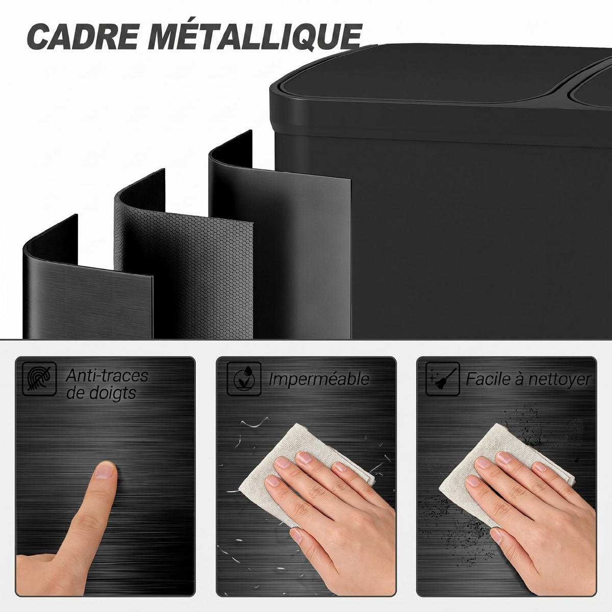MÜLLTRENNSYSTEM 2X30 LITER 48,8/39,5/67 cm Edelstahl Schwarz Küche - Schwarz, Metall (39.5/67/48.8cm) - Rolipo