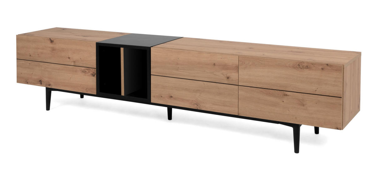 TV-LOWBOARD Eiche Artisan, schwarz 195 cm, TV-Unterteil mit viel Stauraum - Schwarz/Eiche Artisan, Holzwerkstoff (195/48/37cm) - Furn.Design