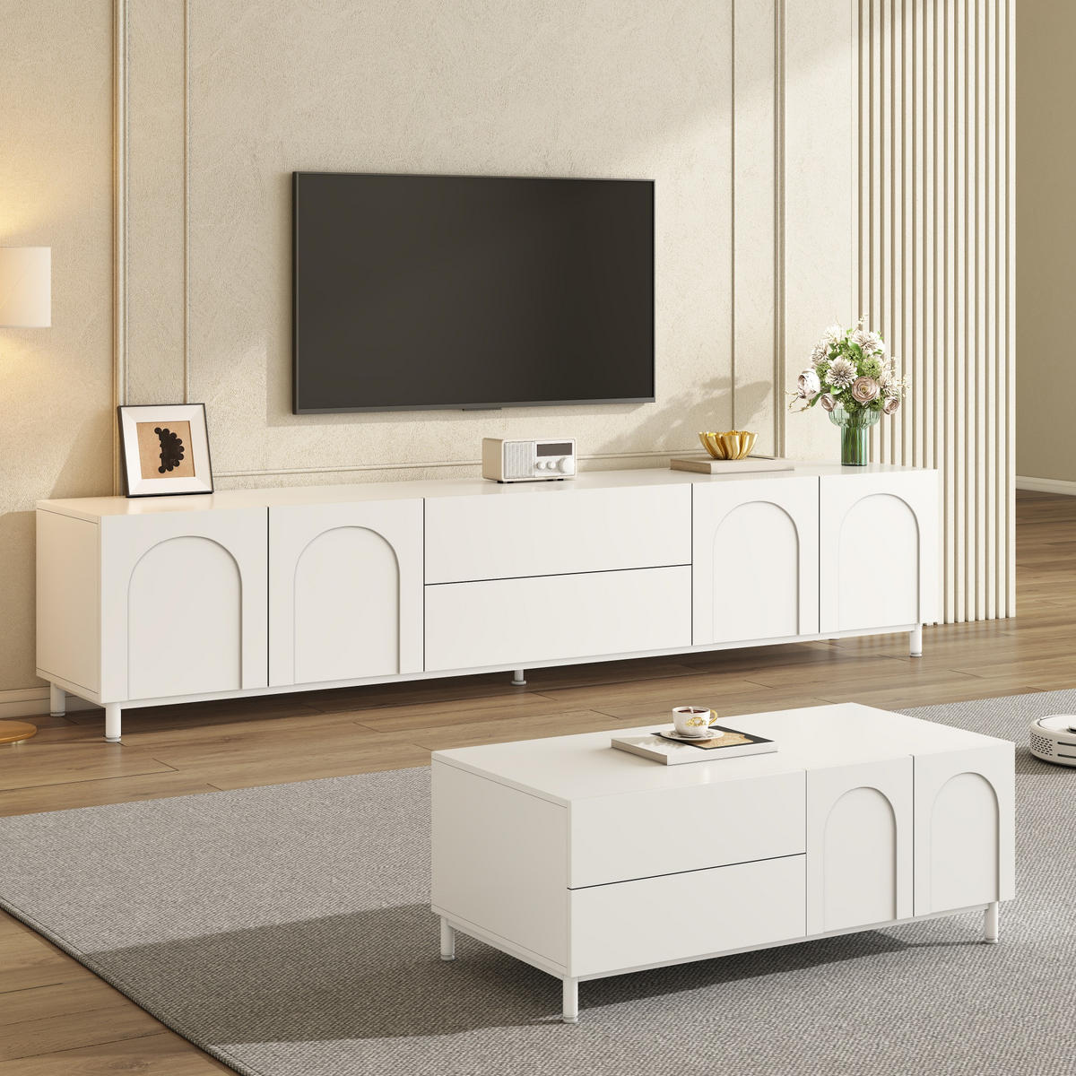 TV-RACK 2tlg. Wohnzimmerset 180cm +Couchtisch BogenmusterTüren Weiß - Weiß, Holz (54.99/13/110.01cm) - Raelunyi