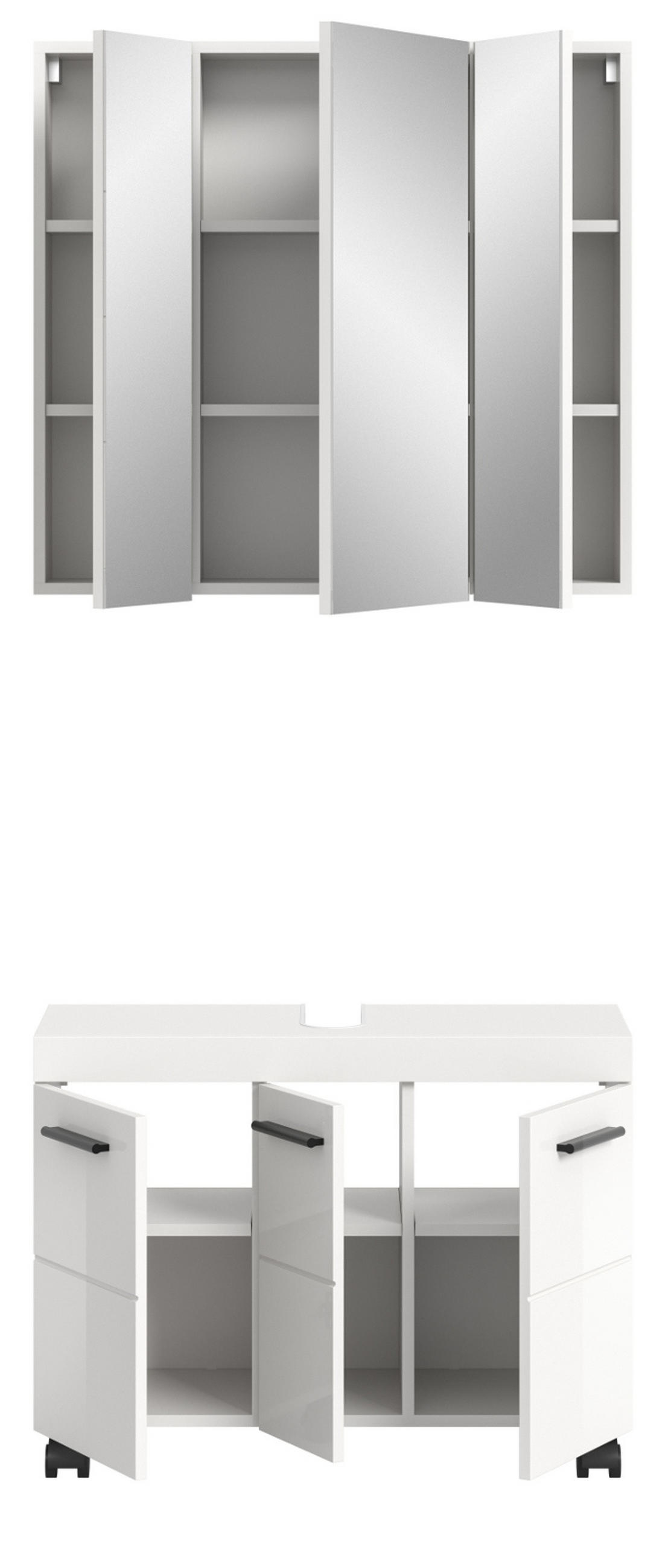 BADMÖBEL-SET weiß Hochglanz 2-teilig 82 cm, Badkombination auf Rollen - Weiß Hochglanz/Schwarz, Glas/Holzwerkstoff (82/191/30cm) - Inn.Furn