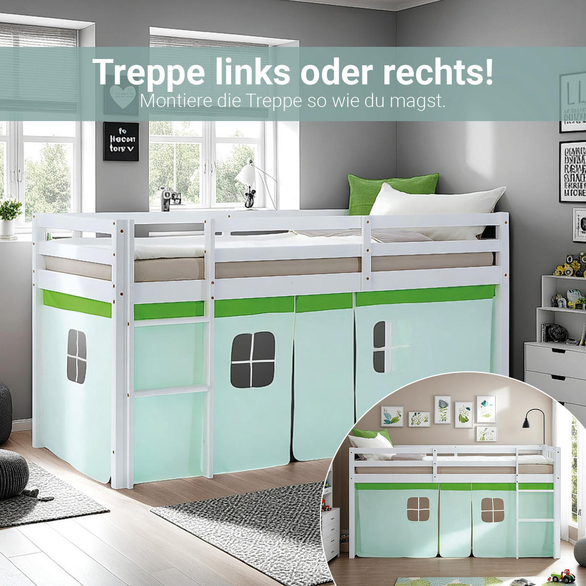 HOCHBETT 90/200 cm in weiß Bettvorhang Grün - Weiß/Grün, Holz - Homestyle4u