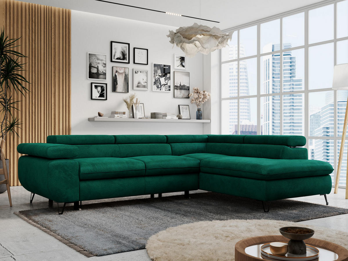 ECKSOFA PETER L Dunkelgrün Velvet - Rechts Seite - Dunkelgrün/Schwarz, Textil/Metall (273/208cm) - MKS