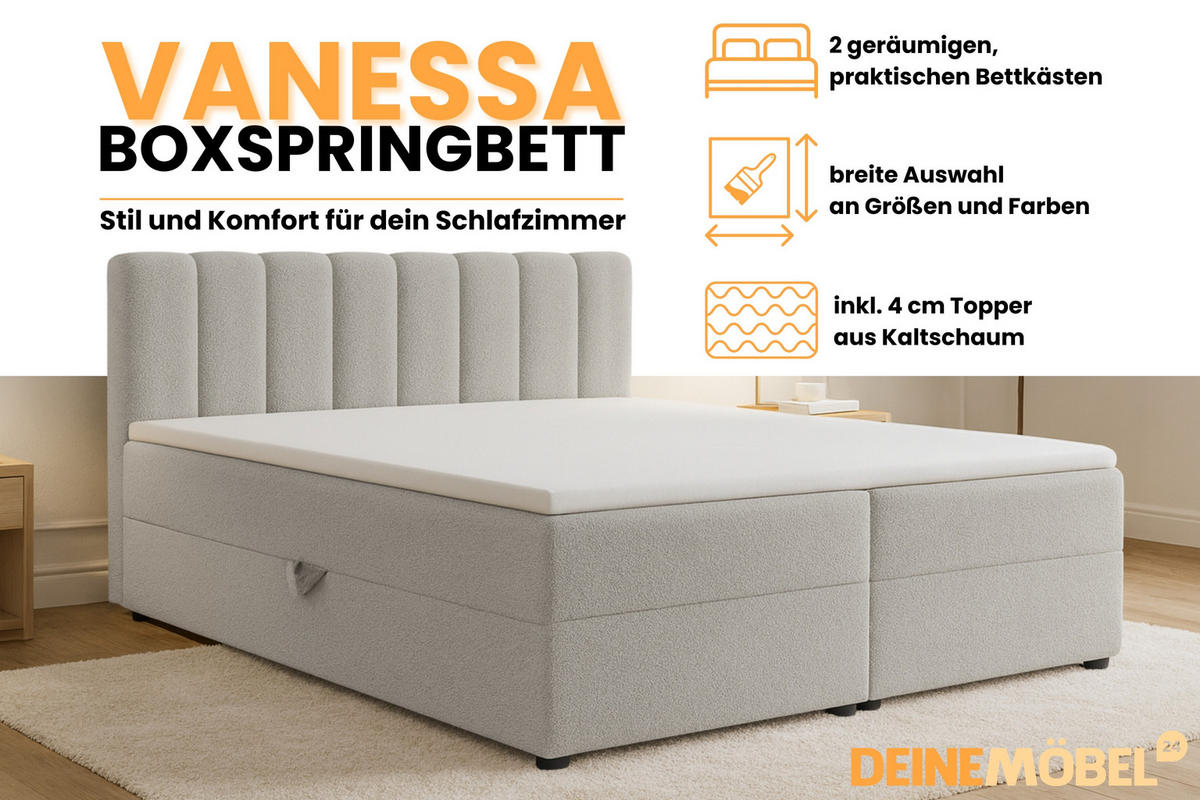 BOXBETT VANESSA 140/200 in Boucle Hellgrau H4 - Hellgrau, Holz/Holzwerkstoff (140/200cm) - Deine Möbel 24