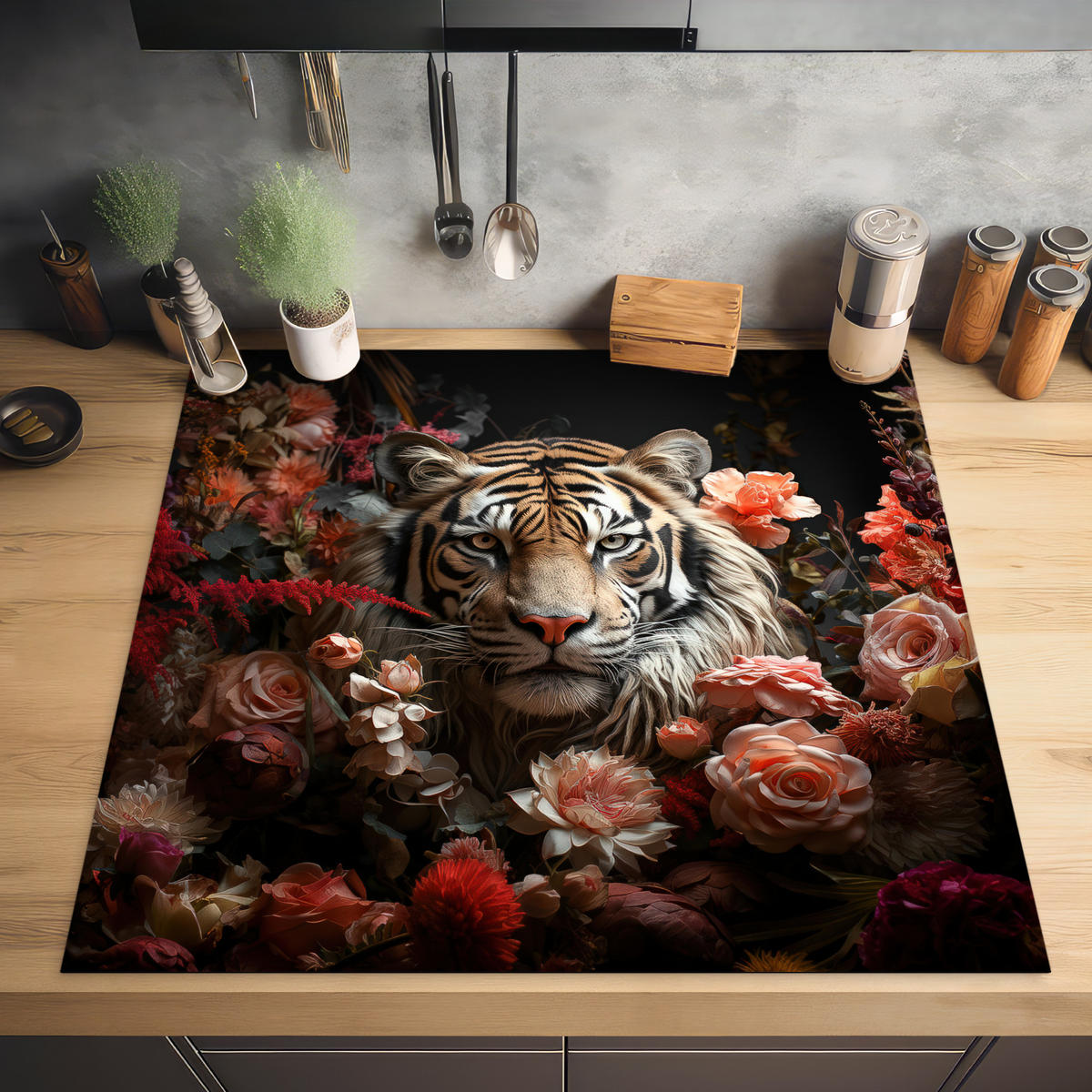 HERABDECKPLATTE - Tiger - Tier - Natur - Floral - Botanisch - 58x59 - Orange, Kunststoff (58/59/0.2cm) - MuchoWow