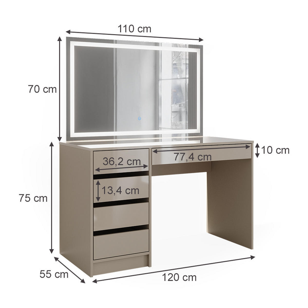 SCHMINKTISCH Sherry Greige Hochglanz 120 cm mit LED-Spiegel - Greige, Holzwerkstoff (120/75/55cm) - Vicco