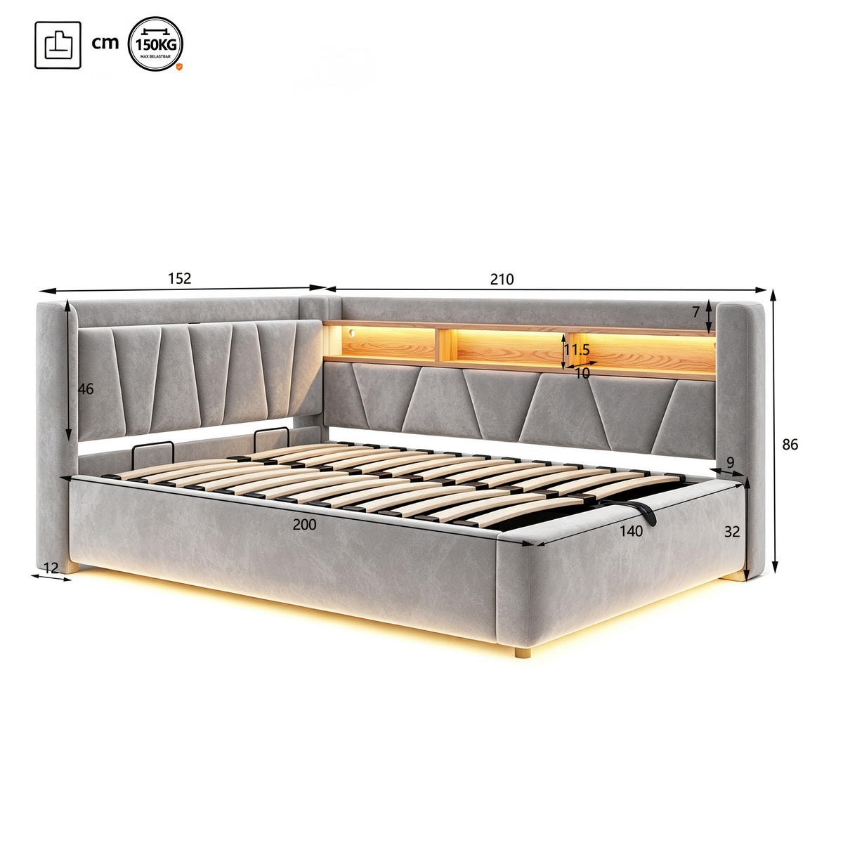 BOXBETT 140/200 mit LED/Regal/USB/Bettkasten, Samt, Grau - Grau, Holz (140/200cm) - LVHOM