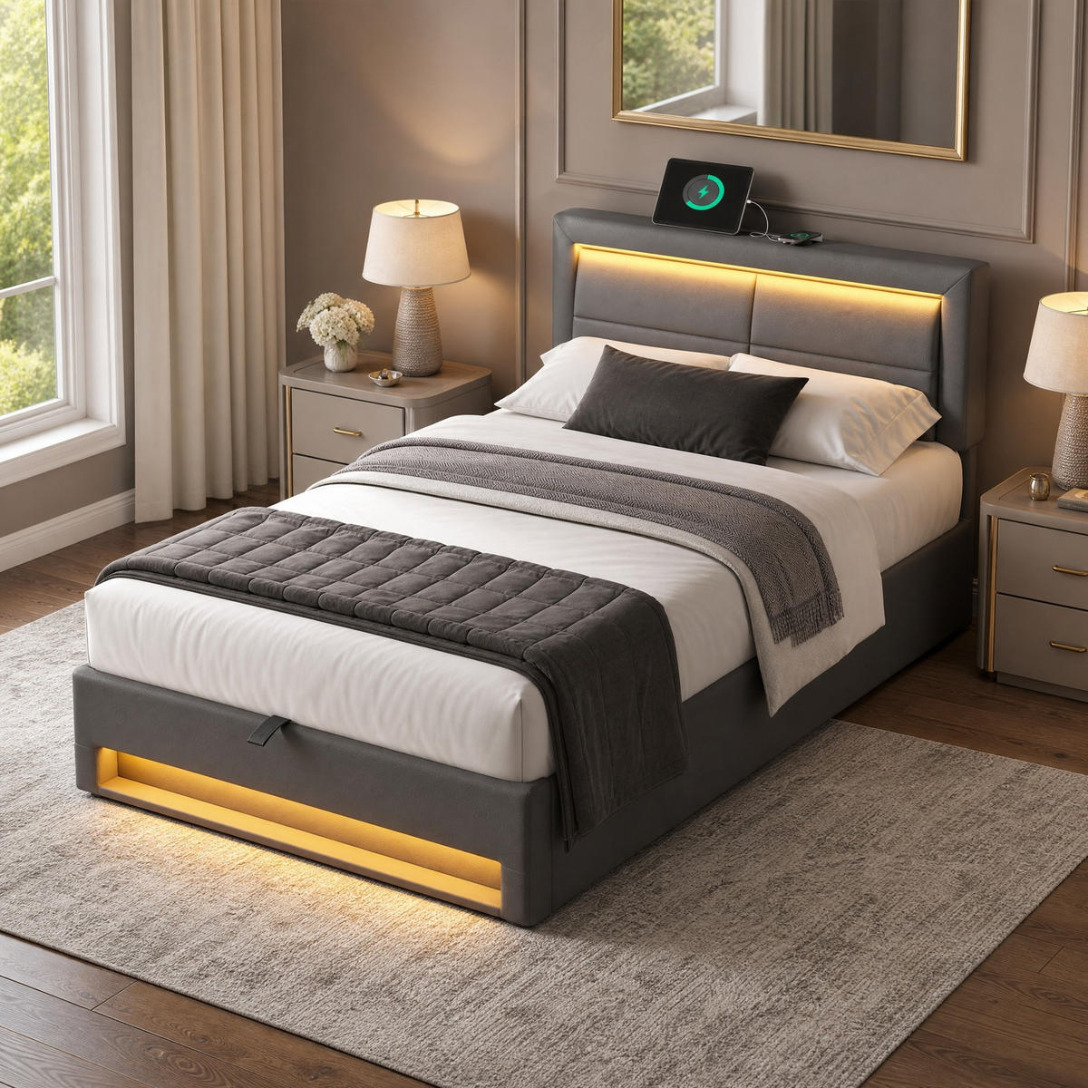 POLSTERBETT 90/200 mit Bettkasten, LED-Beleuchtung und USB in Grau - Grau, Holzwerkstoff/Textil (90/200cm) - EVRYAE