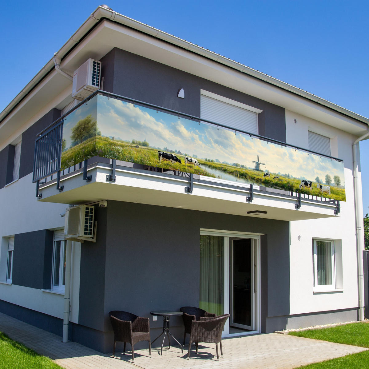 BALKON-SICHTSCHUTZ Kühe - Windmühle - Wiese - Blau - Grün, Kunststoff (500/90cm) - MuchoWow