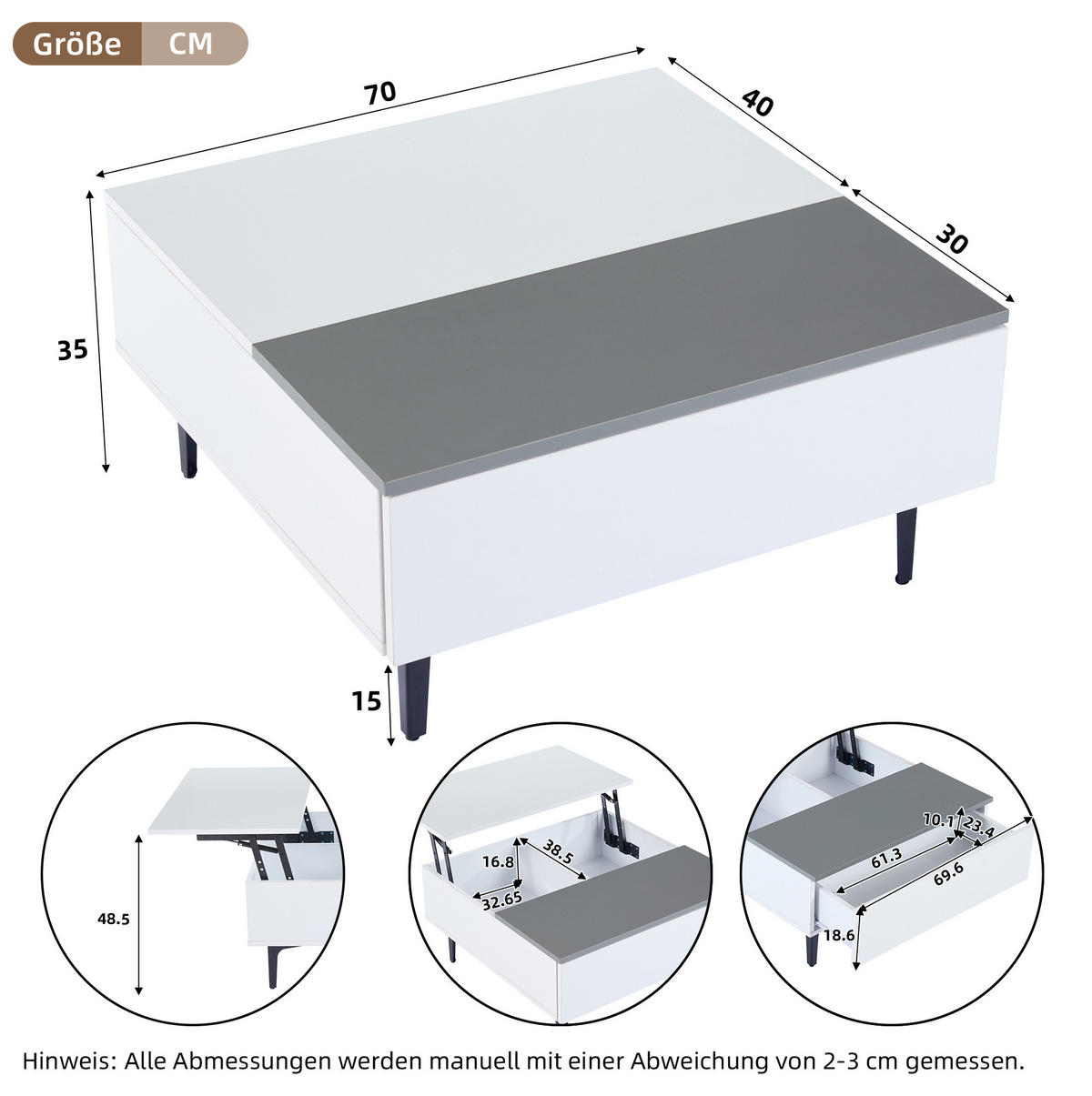 KONFERENČNÍ stolek z MDF, 70/70/35 cm bílý/šedý, výškově nastavitelný s LED a úložným prostorem - bílá, kompozitní dřevo (70/70/35cm) - BEAOK