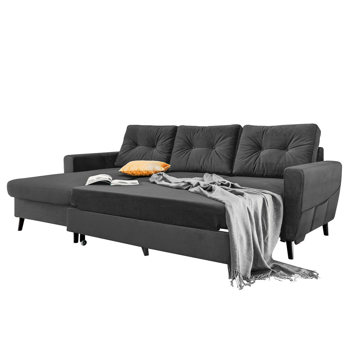 ECKSOFA mit Longchair - Dunkelgrau/Schwarz, Buchenholz/Textil (233/148cm) - home24