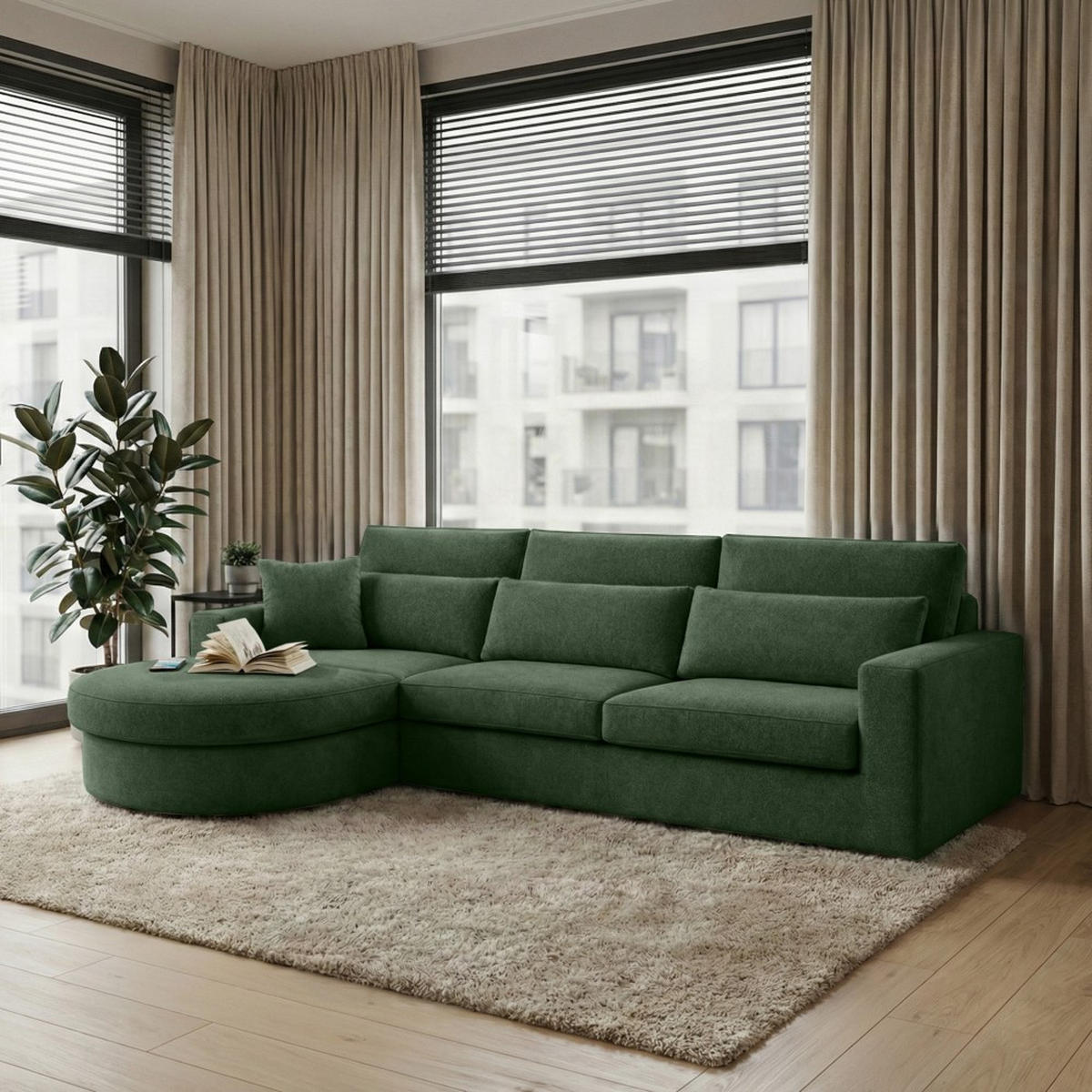 ECKSOFA Pablo ohne Schlaffunktion, mit abgerundeter Ottomane, links, Dunkelgrün, Velourstoff - Dunkelgrün, Textil (319/196cm) - Beautysofa