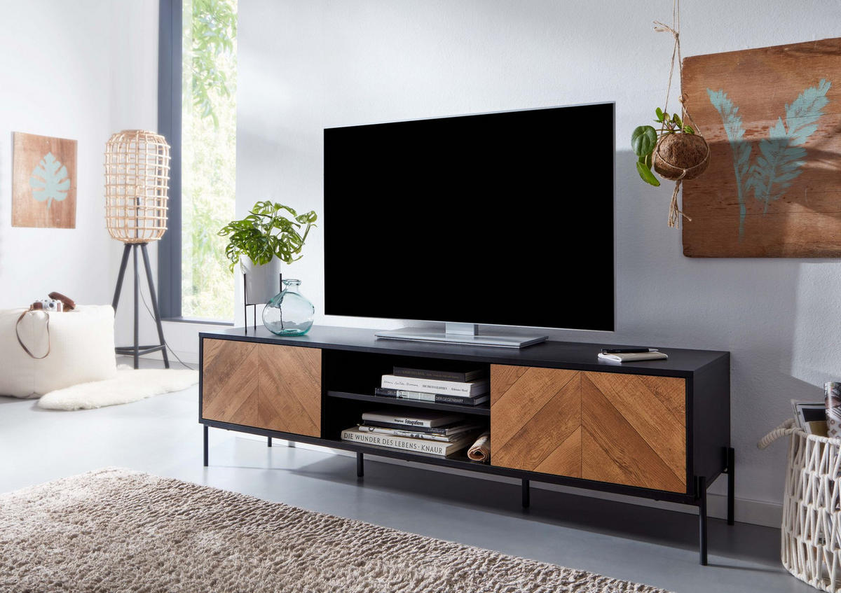 LOWBOARD Modern Stil mit V-Muster für 70-Zoll Fernseher - Schwarz, Holz/Metall (163/45/40cm) - KADIMA DESIGN