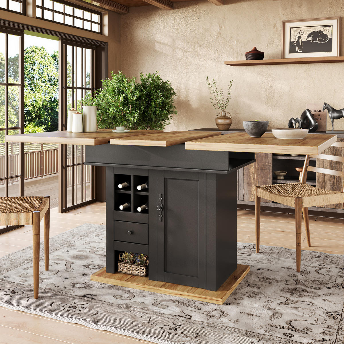 ESSTISCH 140/80/75 cm Schwarz Natur aus MDF mit Stauraum und Soft-Close - Schwarz, Holzwerkstoff (140/80/75cm) - OKWISH