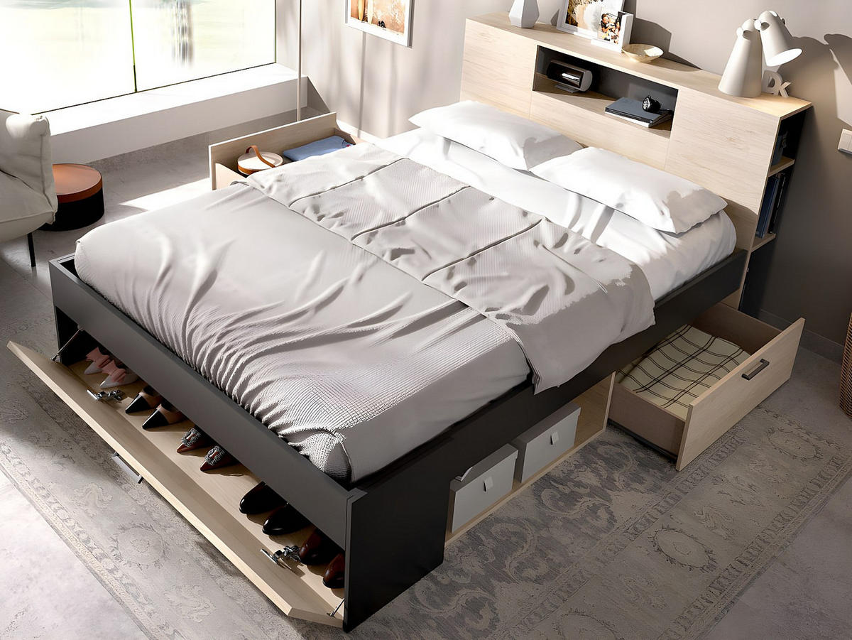 BETT mit Kopfteil, Stauraum & Schubladen - 140 x 190 cm - Naturfarben & Anthrazit - LEANDRE - Anthrazit, Holz (149.6/218.5cm) - Vente-Unique